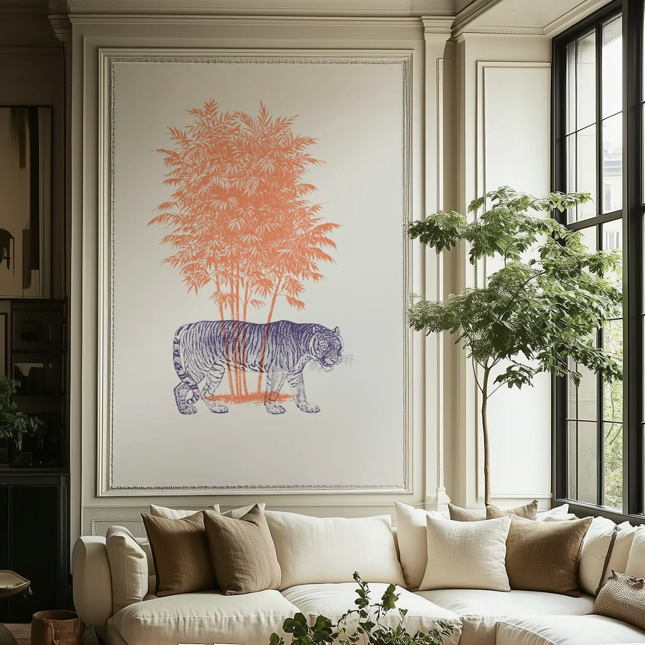 Tiger and Palm -tapettisuunnittelu huoneen asetelmassa