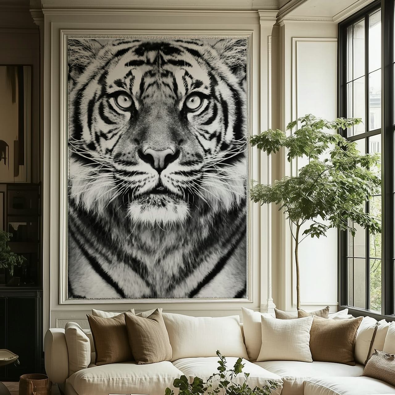 Tiger face in black and white wallpaper