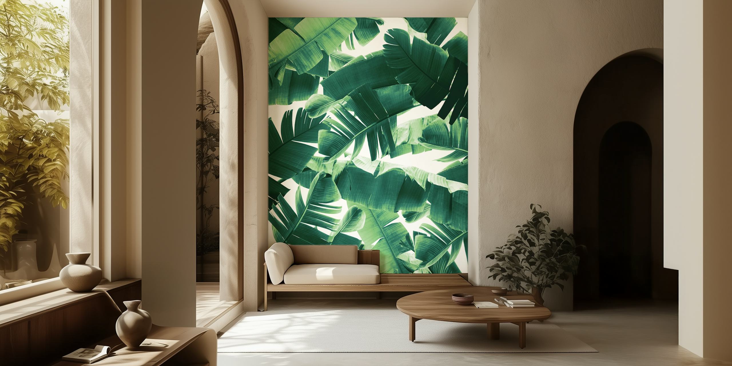 Tropical banana leaves in various shades of green wallpaper