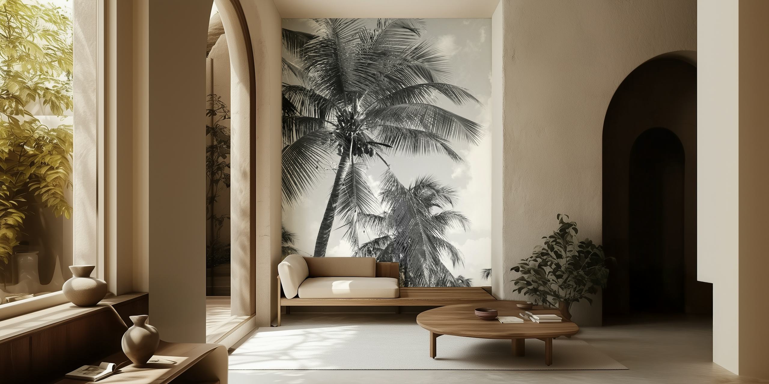 Black and white palm trees wallpaper showcasing tropical foliage.