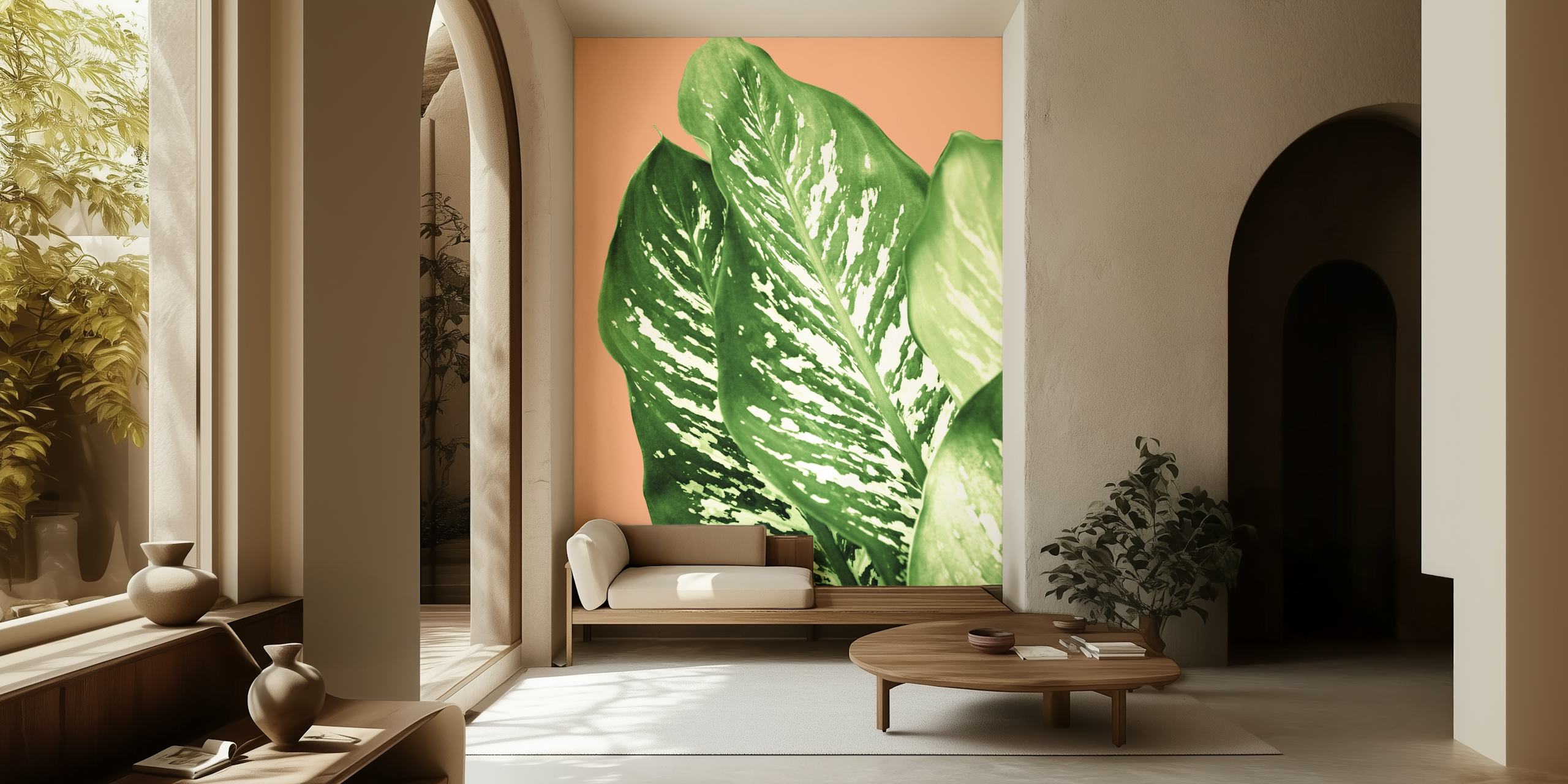 Dieffenbachia Exotic Leaves 1 Väggdekor med frodiga gröna mönster på en korallbakgrund