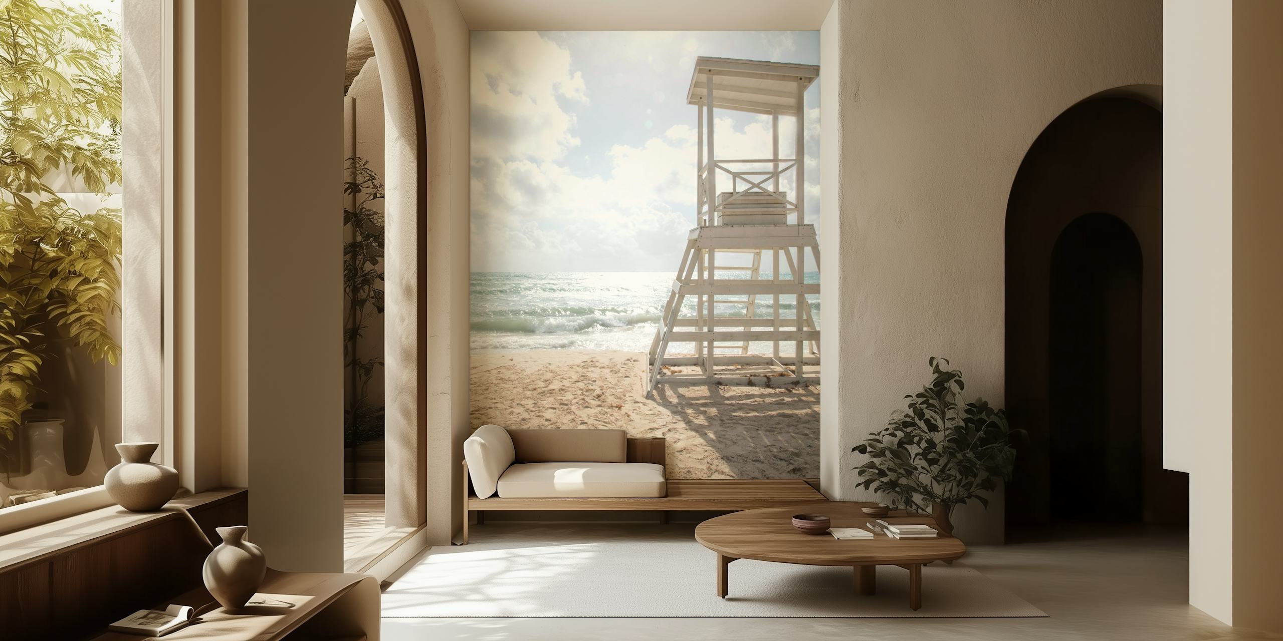 Caribbean beach scene with a white lifeguard tower on the sand and tranquil ocean backdrop