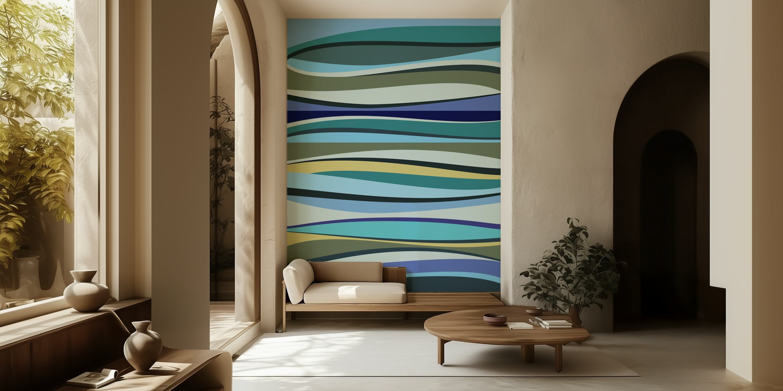 Abstract fluid lines wall mural in varying shades of blue and green resembling peaceful water ripples