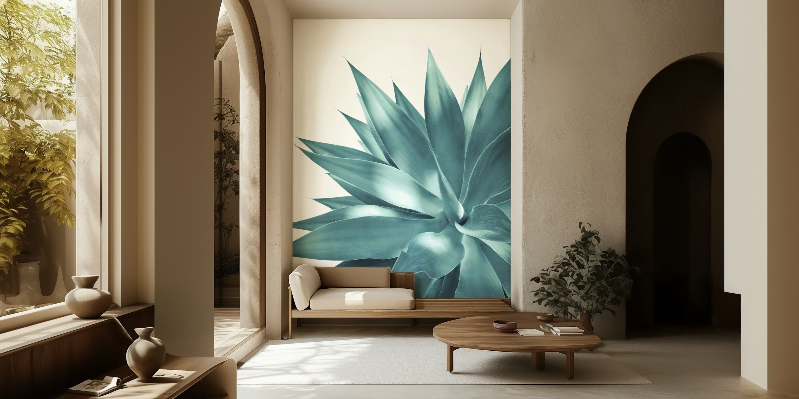 Papier peint de feuilles d'agave élégamment détaillées dans des tons bleus monochromes