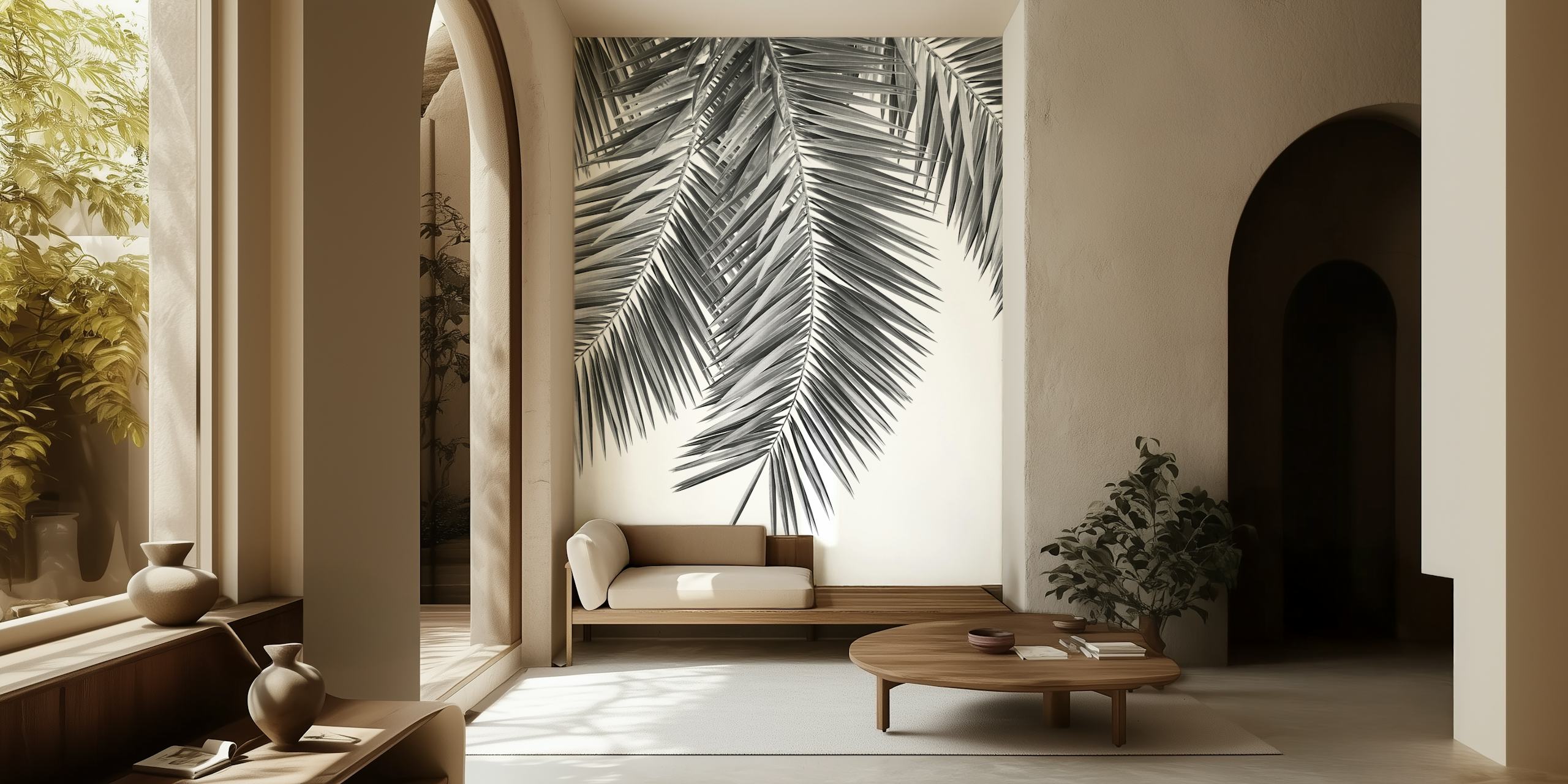 Black and white palm leaves wallpaper in detailed pattern