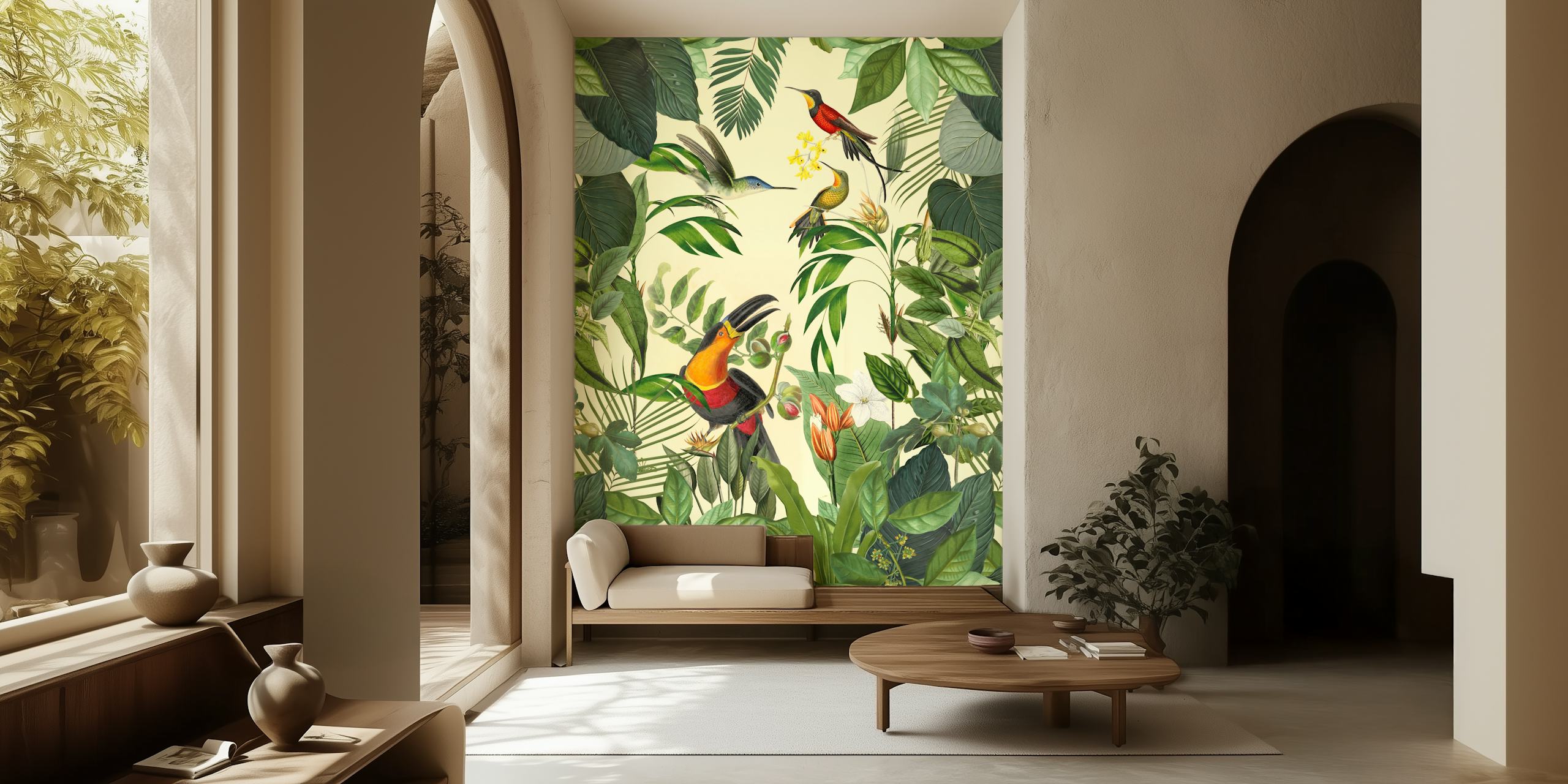 Tropische Tukan- und Kolibris-Wandbild mit lebendiger Tierwelt und üppigem Grün