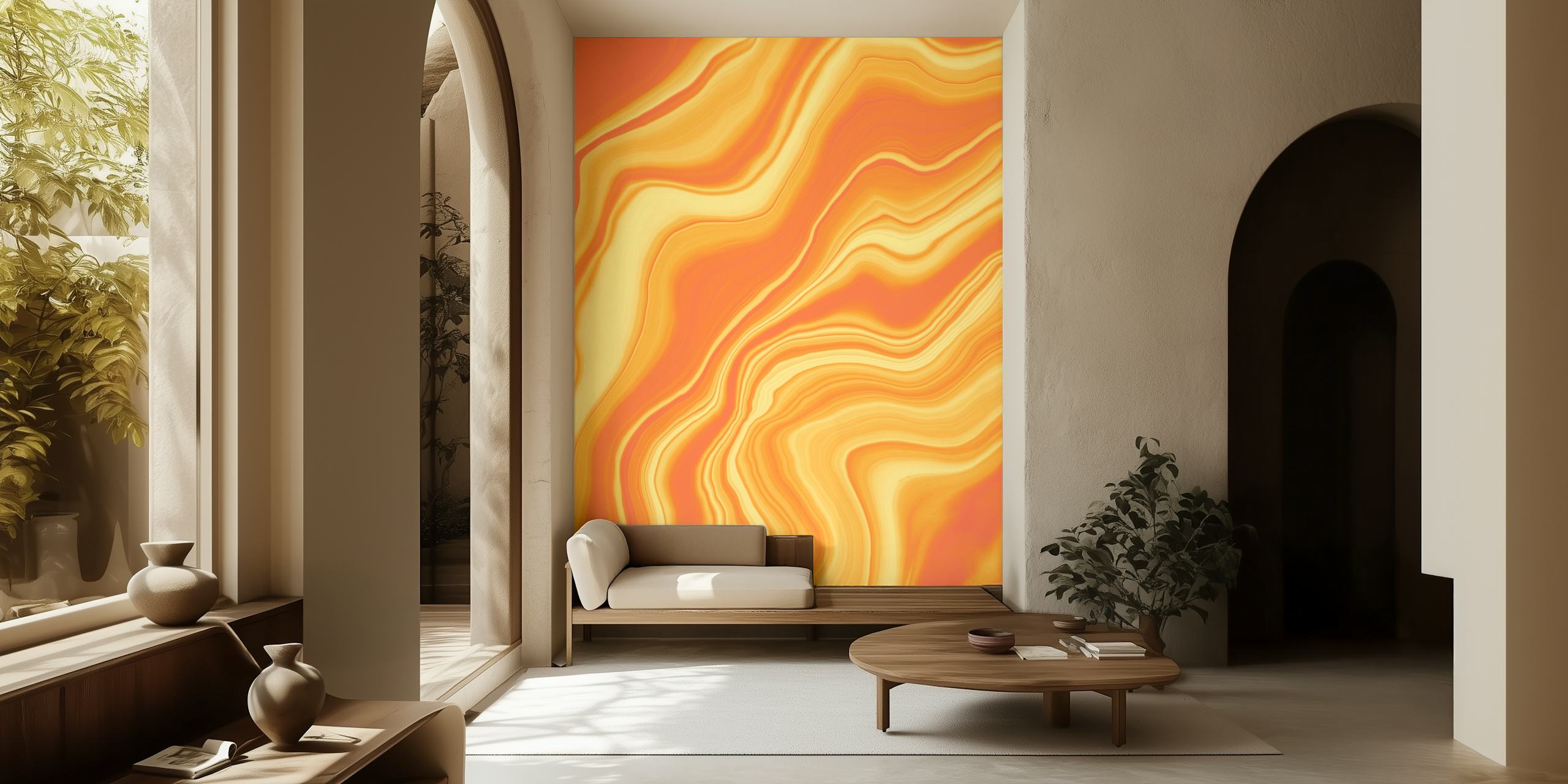 Liquid marble pattern in yellow and orange tones wallpaper