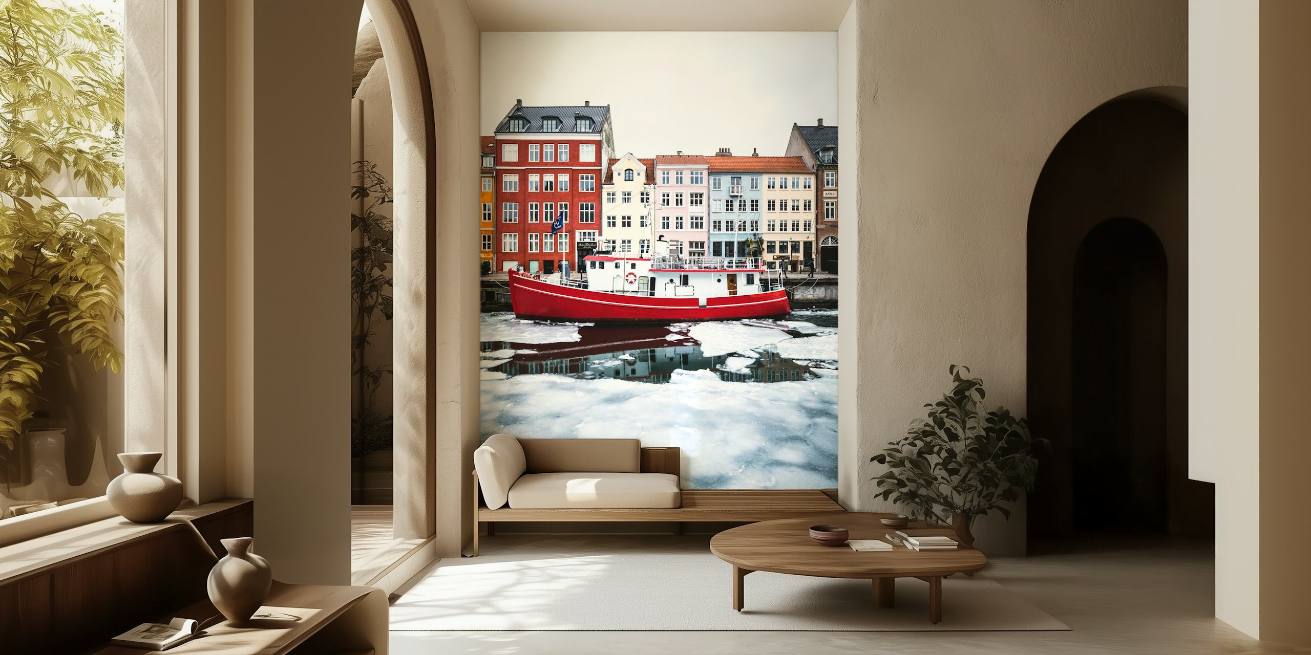 Colorful buildings and a red boat in icy waters wallpaper