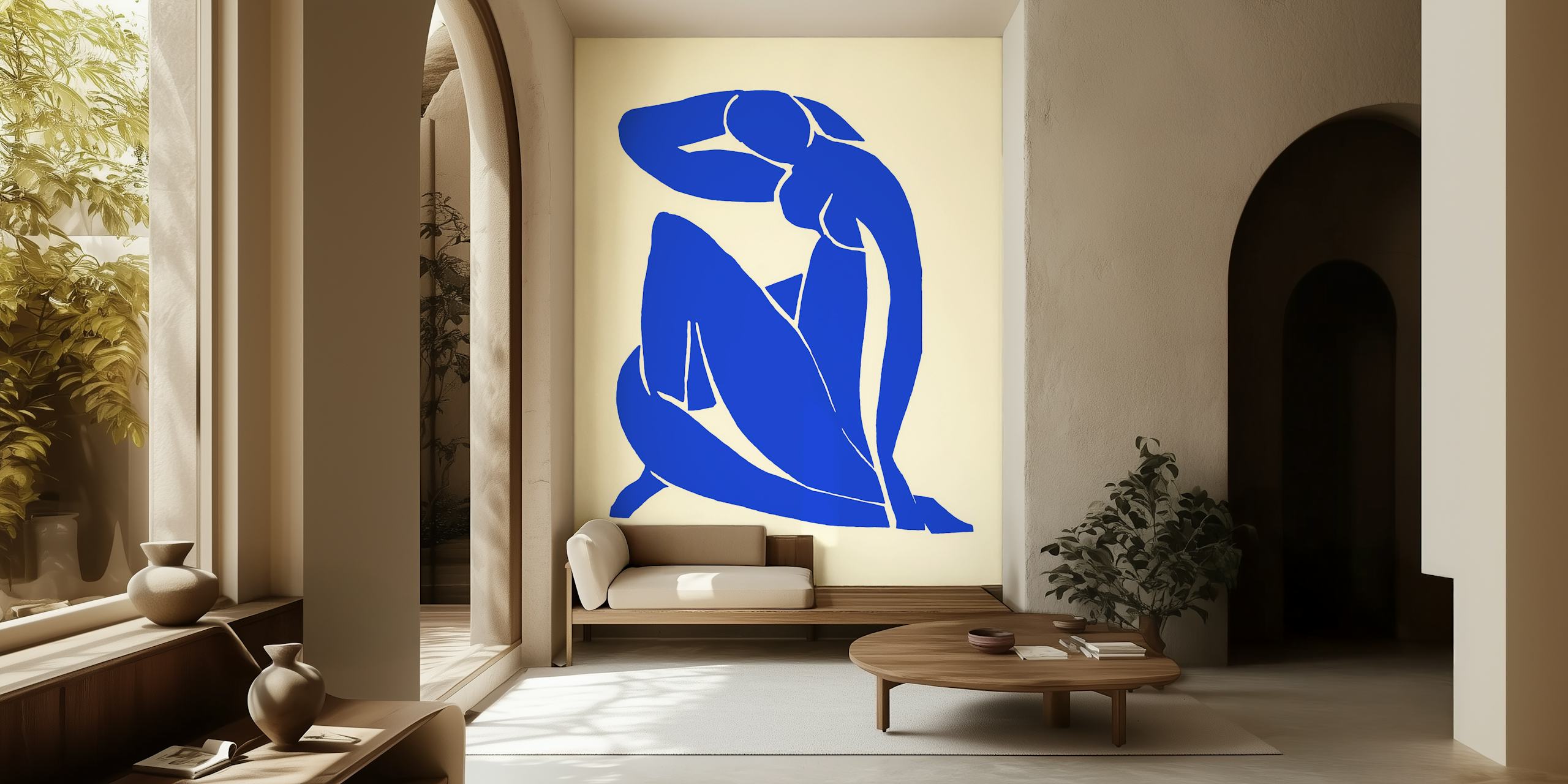 Mural abstrato de figuras azuis inspirado no estilo de arte de Matisse
