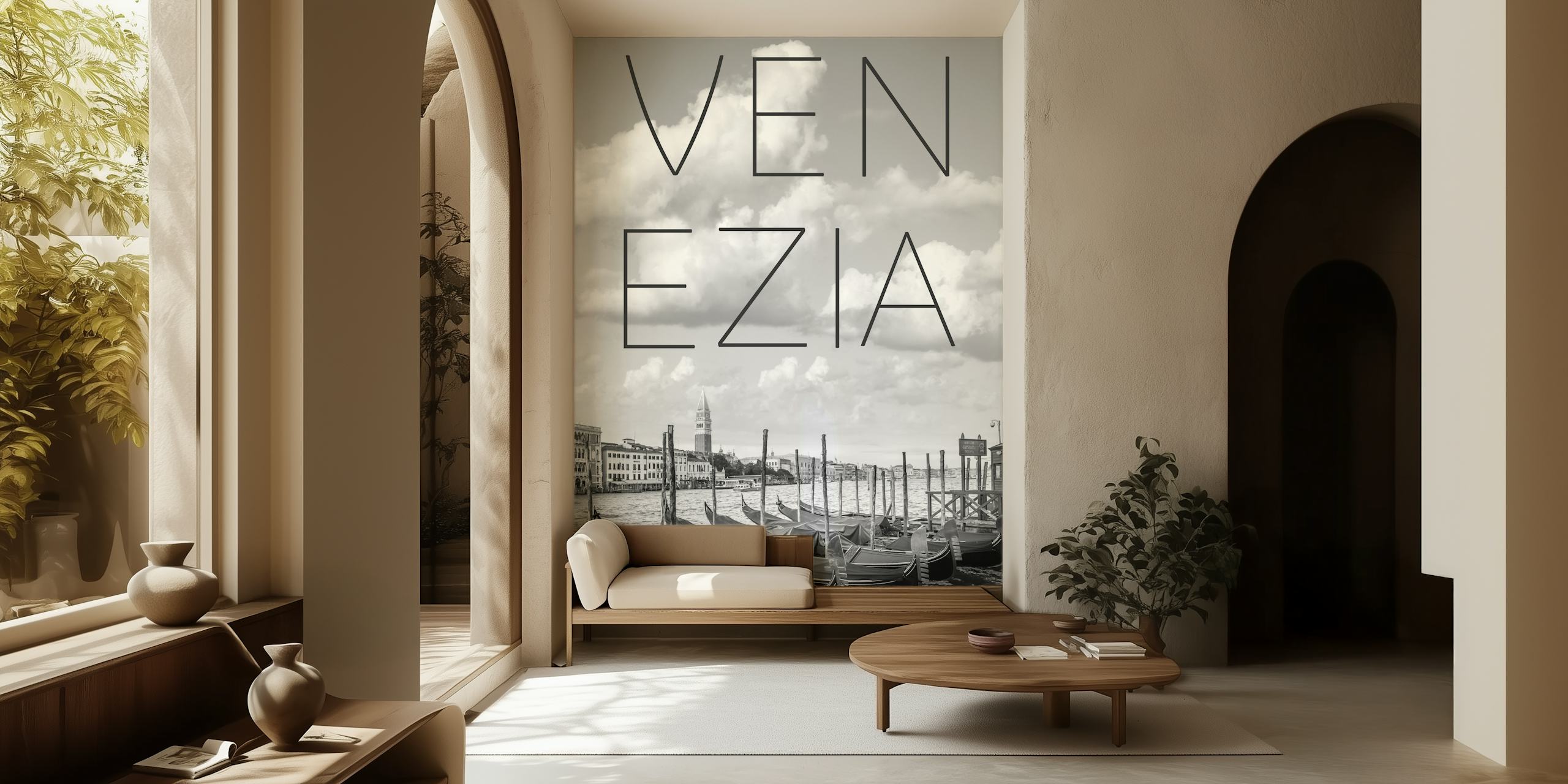 Black and white wallpaper featuring Venice with gondolas and clouds