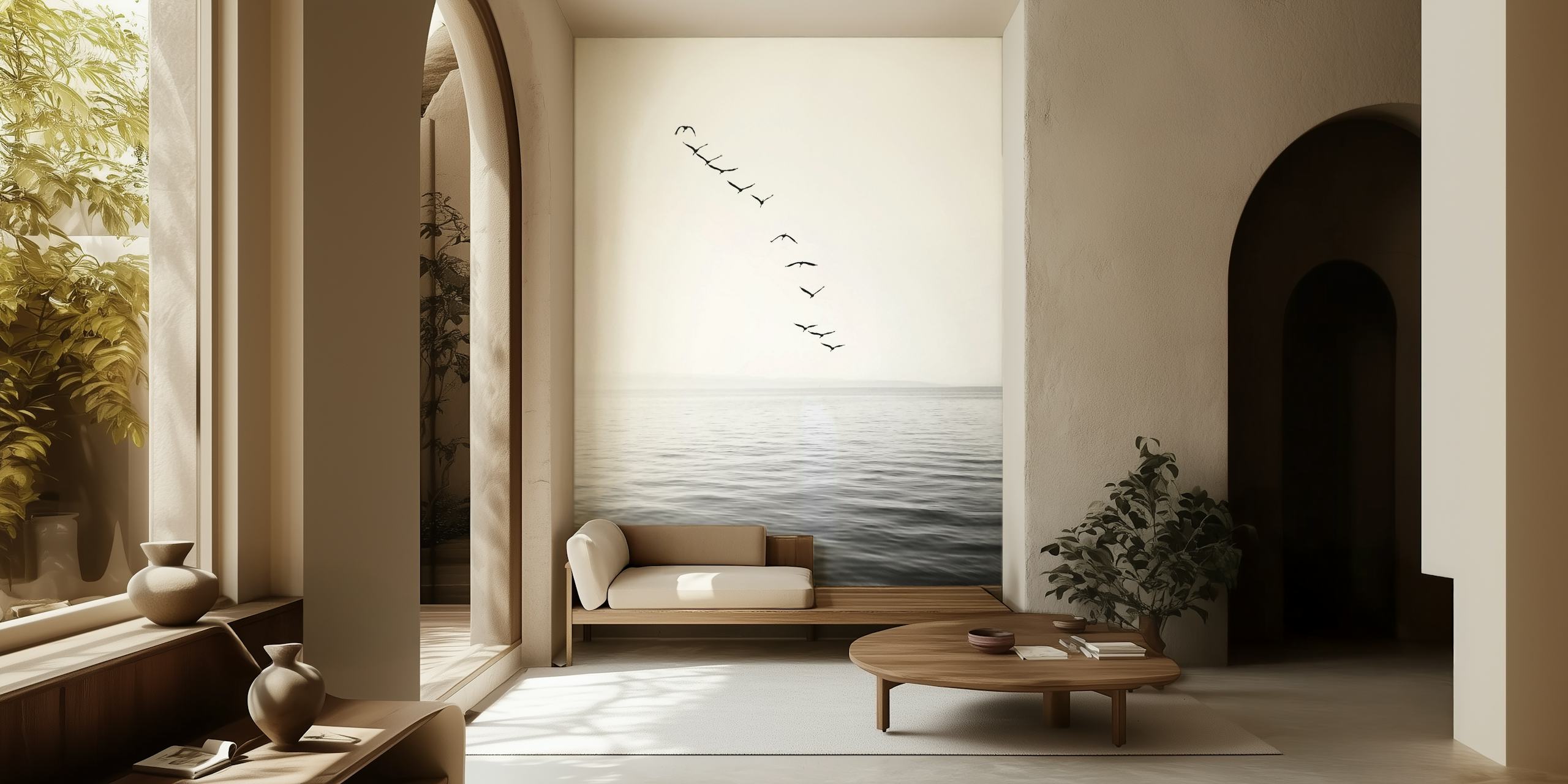 Oiseaux volants en noir et blanc au-dessus de l'eau, wallpaper