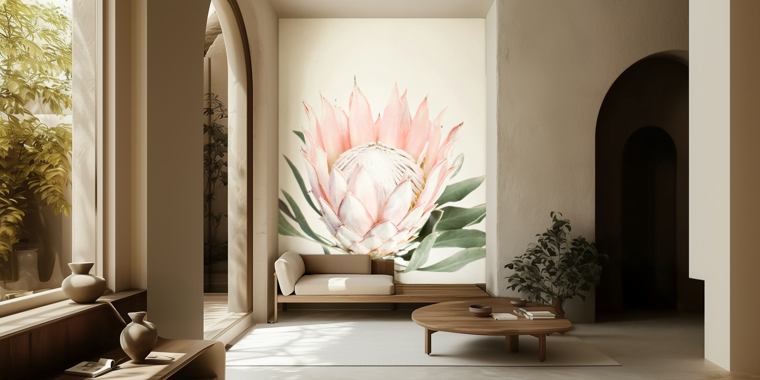 Fotomural vinílico de parede de flores Blush Pink Protea com fundo branco minimalista