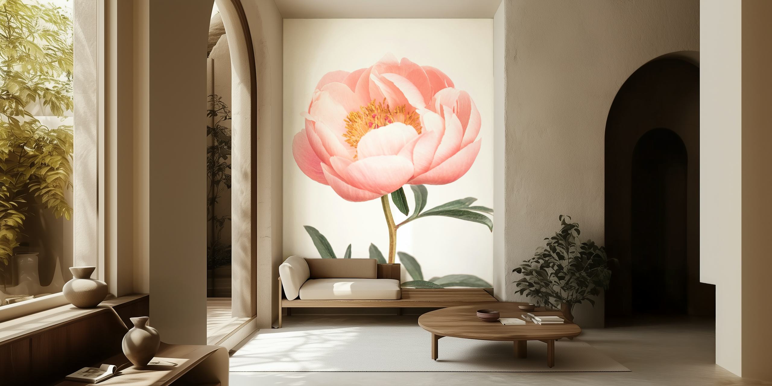 Pink peony flower with green leaves on white background wallpaper