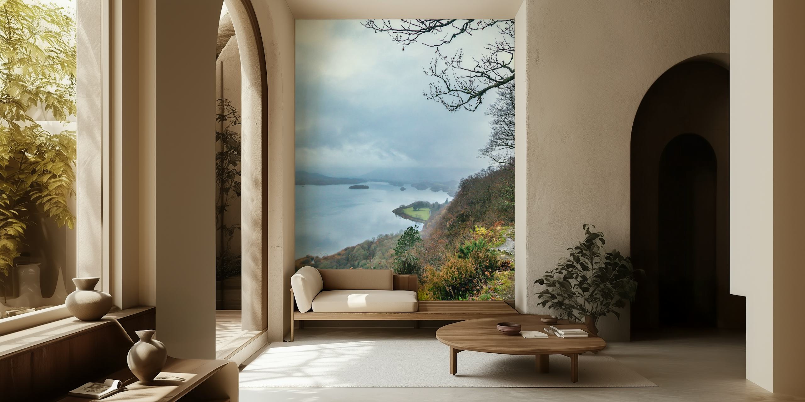 British Lake District wall mural with misty lakeside view