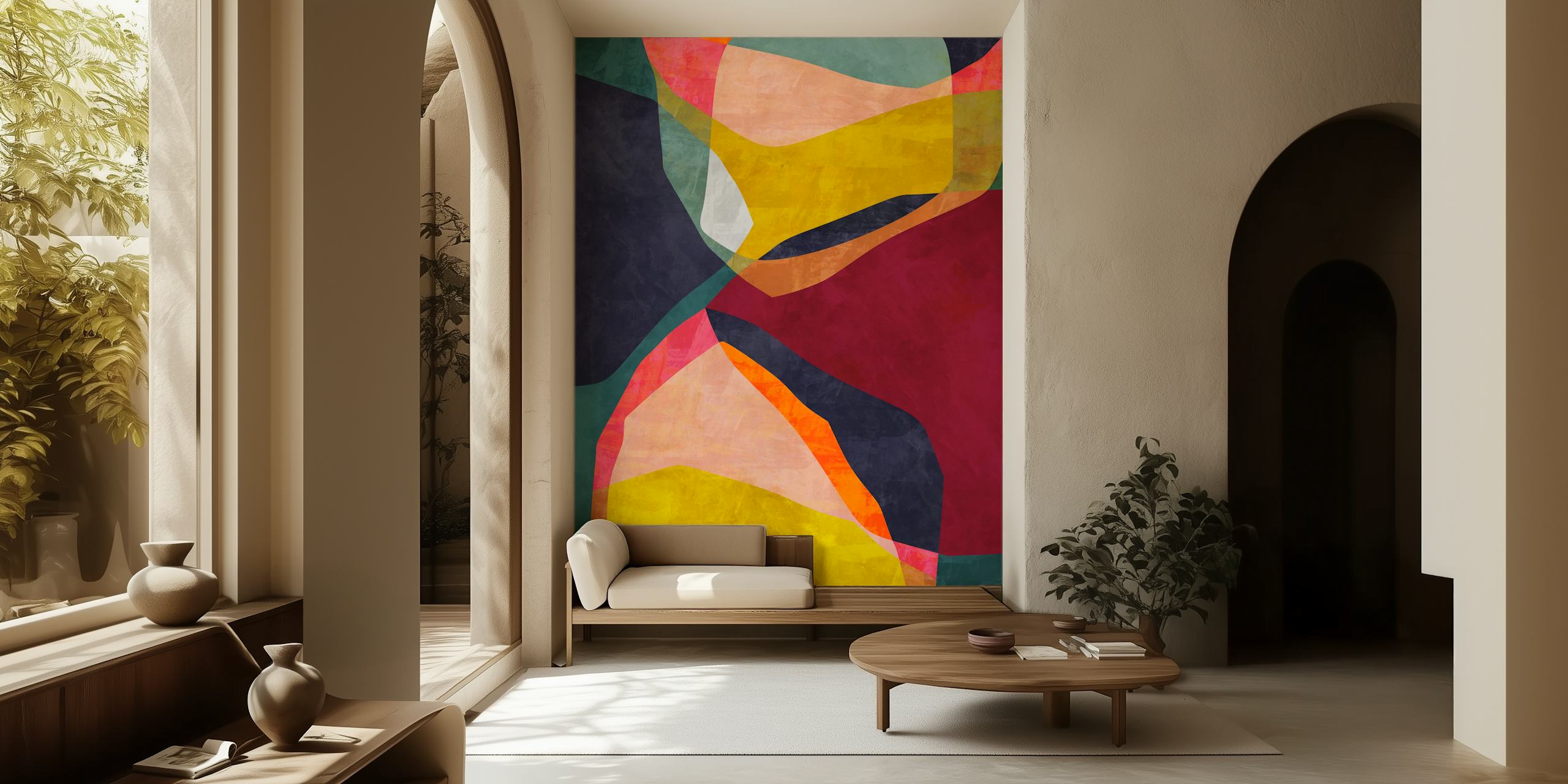 Mural de parede de formas geométricas abstratas com cores sobrepostas em tons marinho, marrom e verde