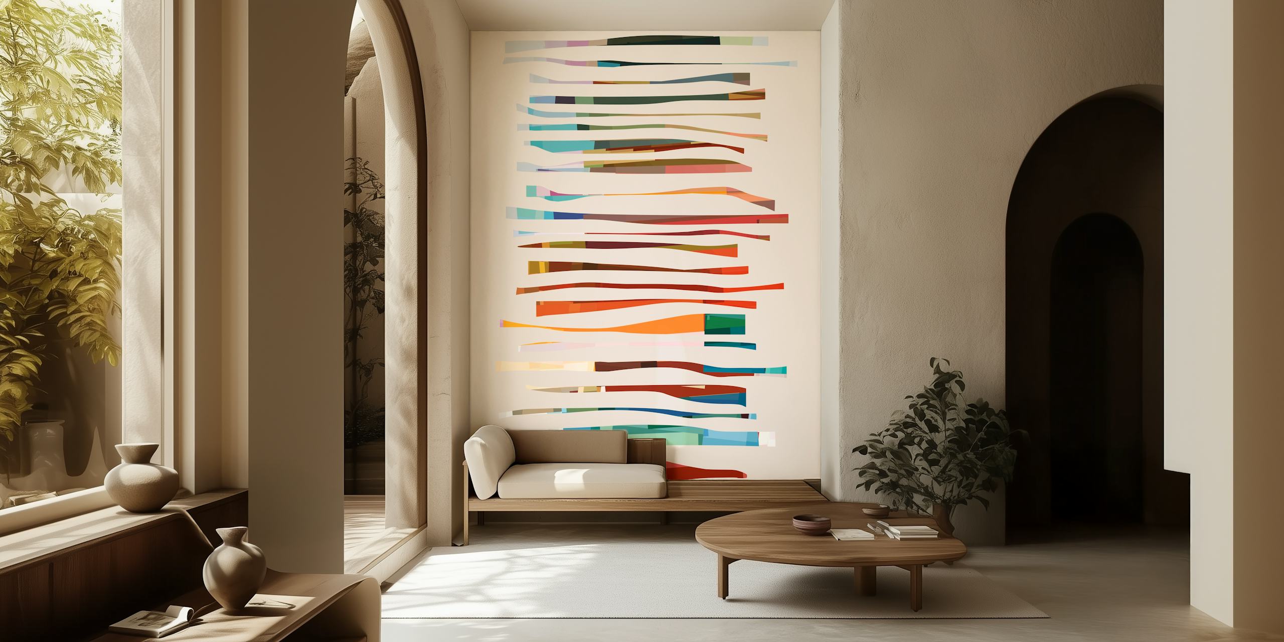 Colorful abstract striped wallpaper with wavy lines in various hues.