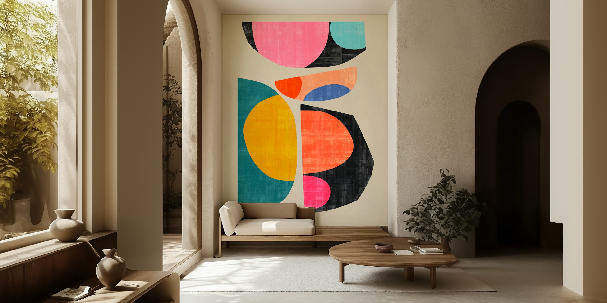 Colorful abstract shapes in pink, black, blue, orange, and yellow wallpaper
