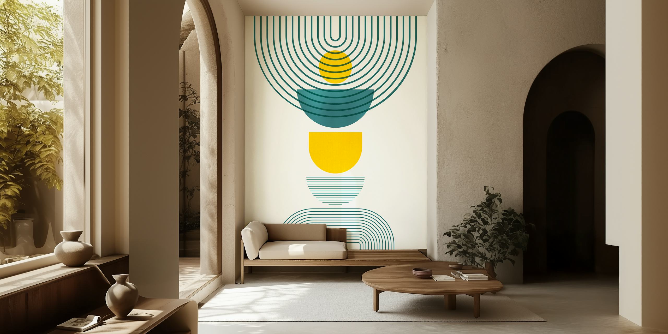 Tapeta Mid Century Teal Yellow w pokoju