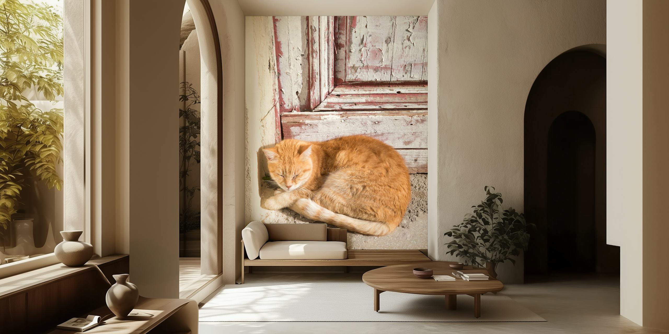 Chat mignon se repose contre une porte