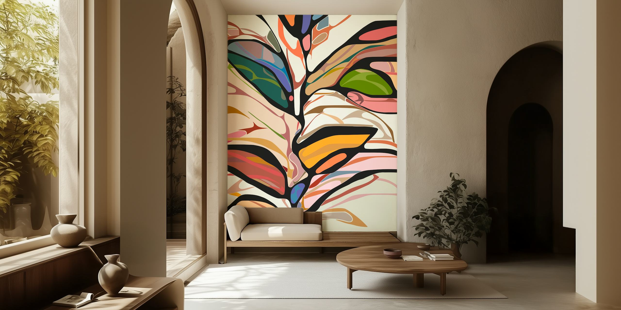 Colorful abstract leaf shapes in green, pink, and orange hues wallpaper