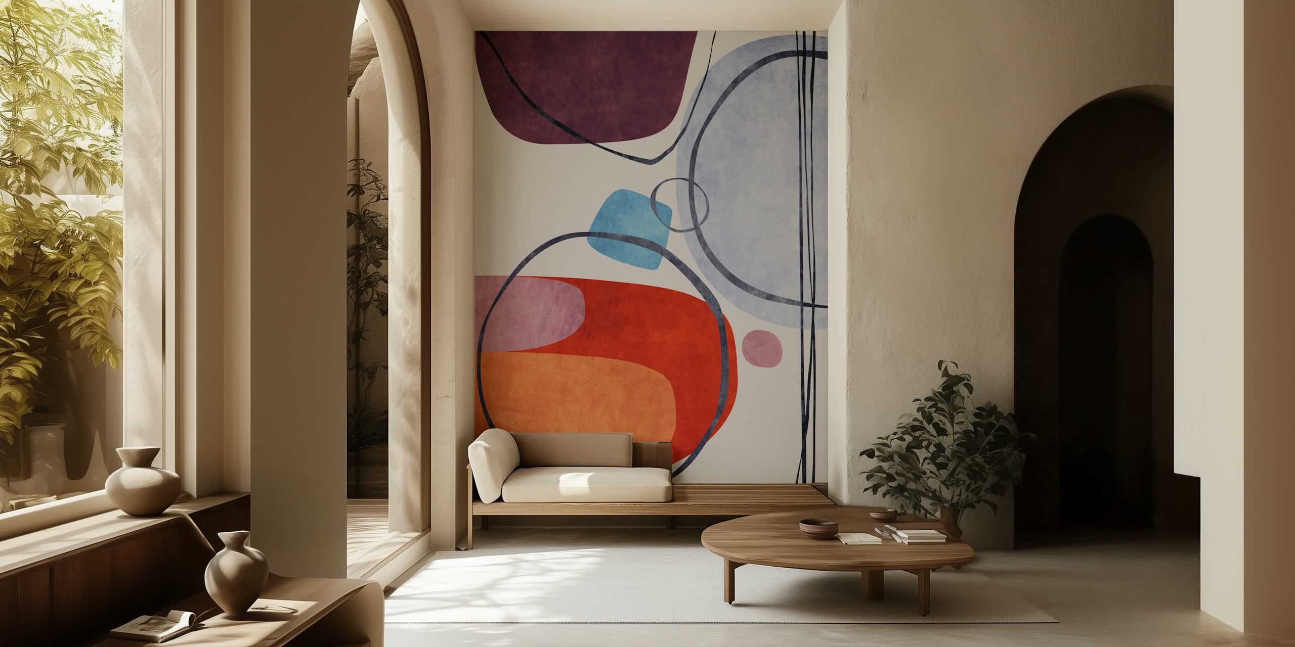 Abstract wall mural with curvy shapes in burgundy, ochre, and blue
