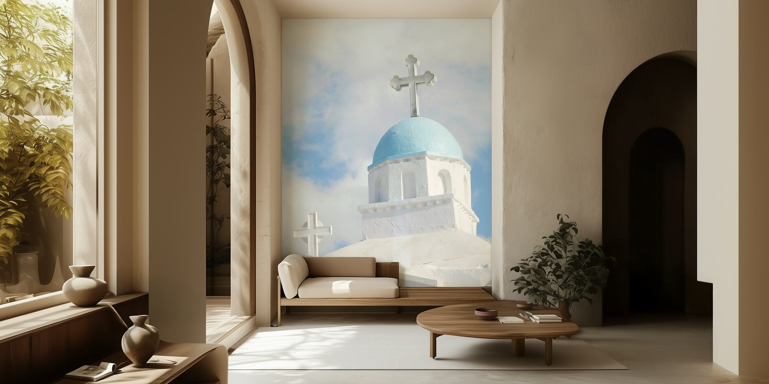 Una tranquilla chiesa greca con pareti bianche e una cupola blu sotto un cielo di soffici nuvole.