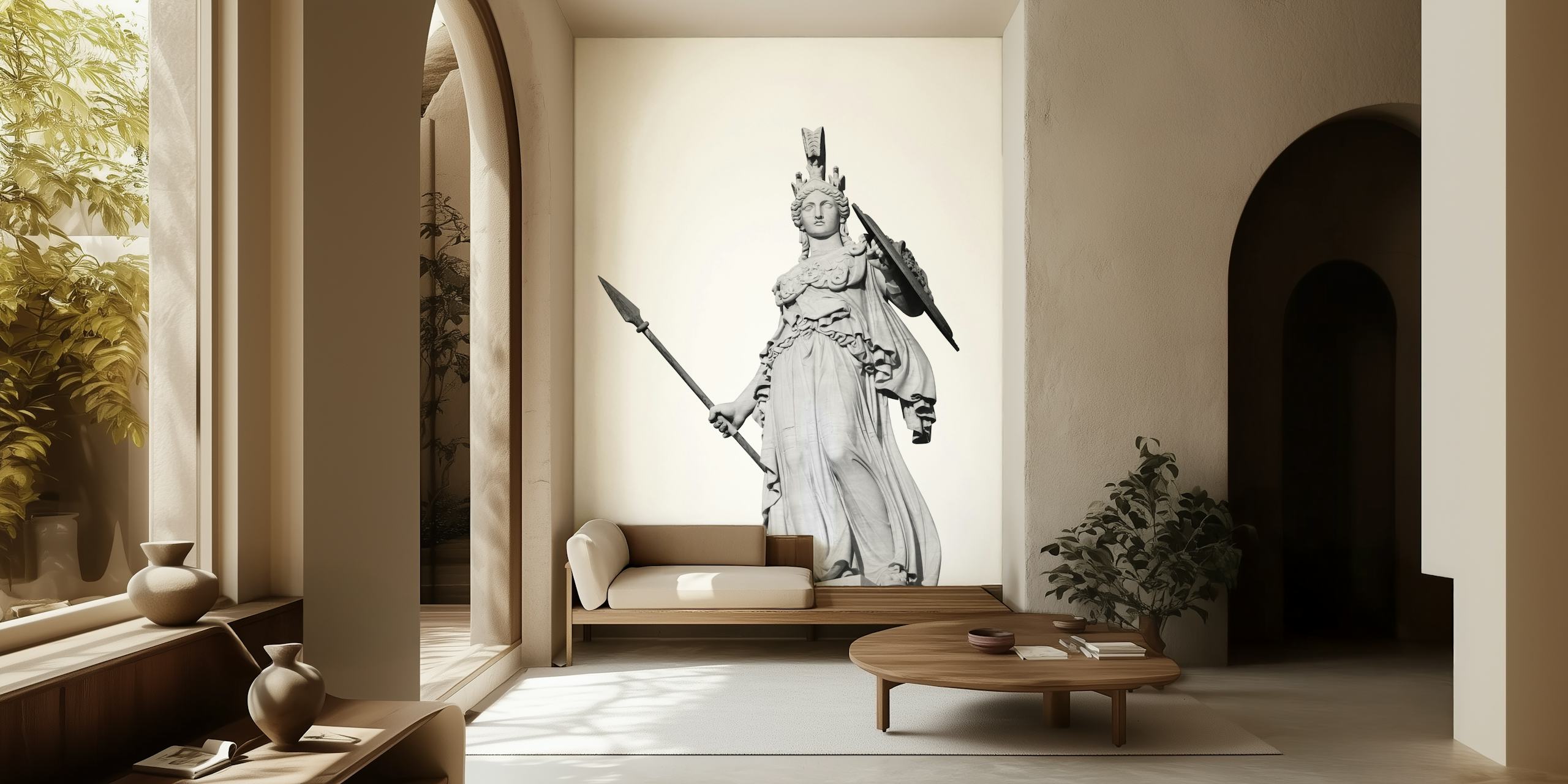 Athena, déesse de la sagesse, papier peint représentant la statue classique de la déesse grecque avec une lance et un casque sur un fond blanc.