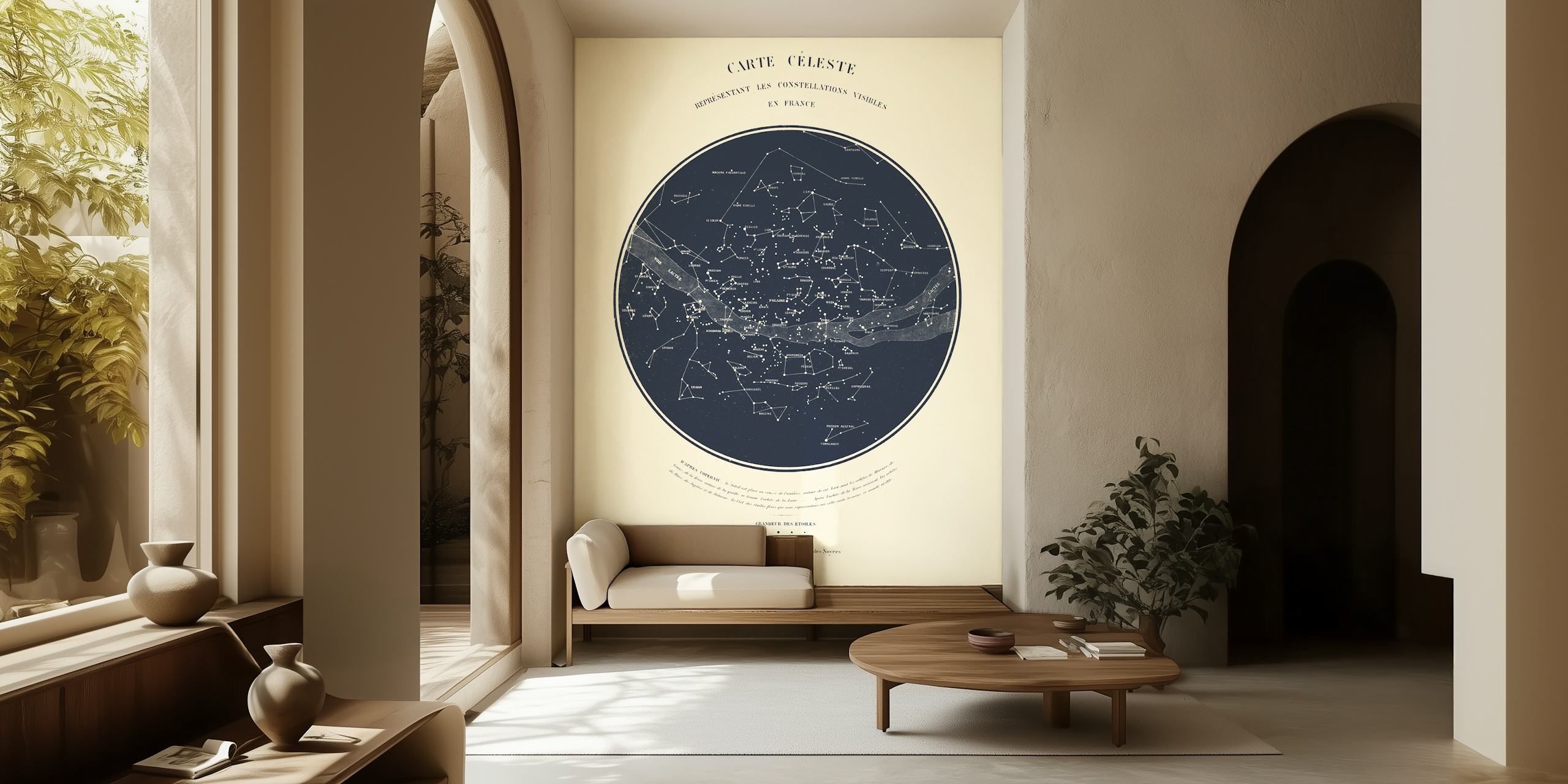 Celestial star map design in navy blue and cream wallpaper