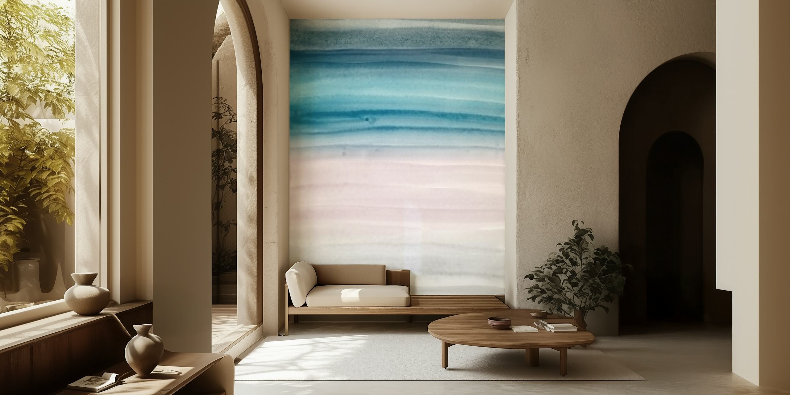 Watercolor stripes in blue, pink, and gray tones wallpaper