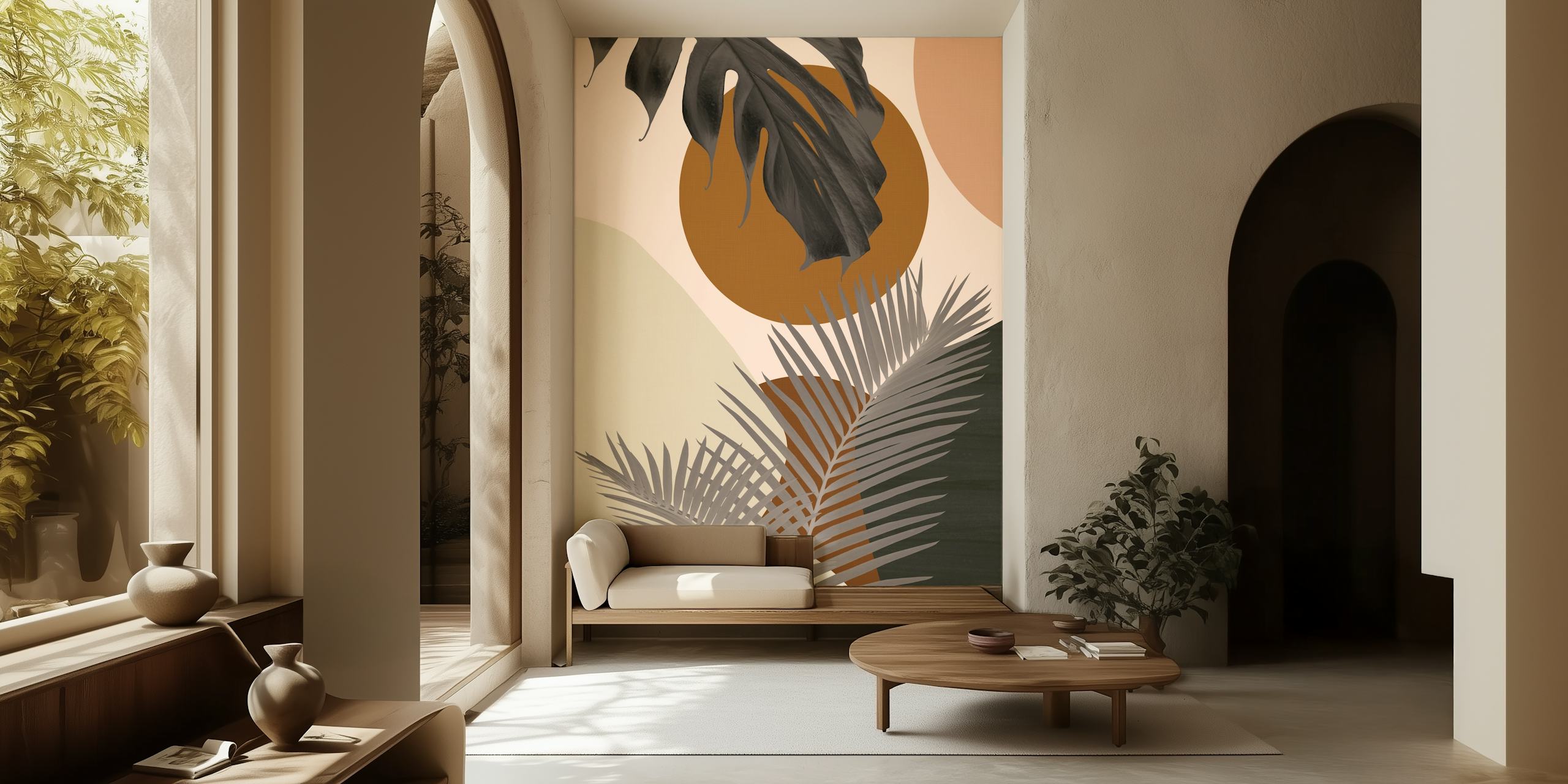 Intertwined palm leaves wallpaper in a room