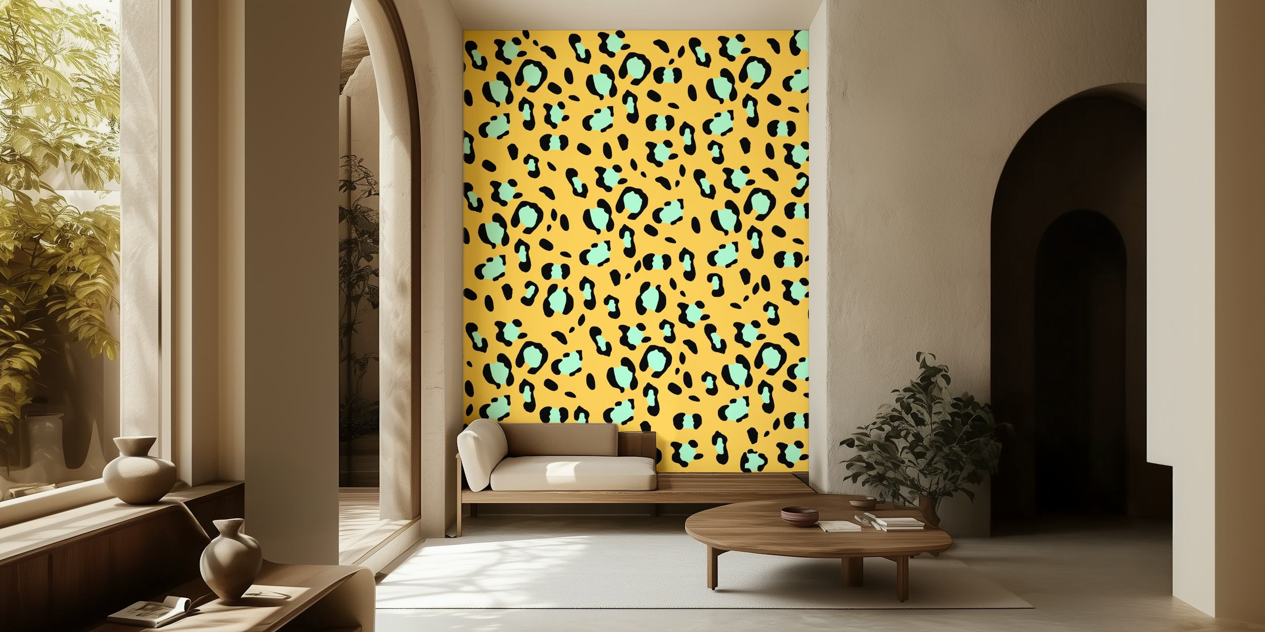 Keltainen leopardikuvioinen seinämaalaus, jossa on sinivihreitä pilkkuja, Leopard Animal Print Glam 30