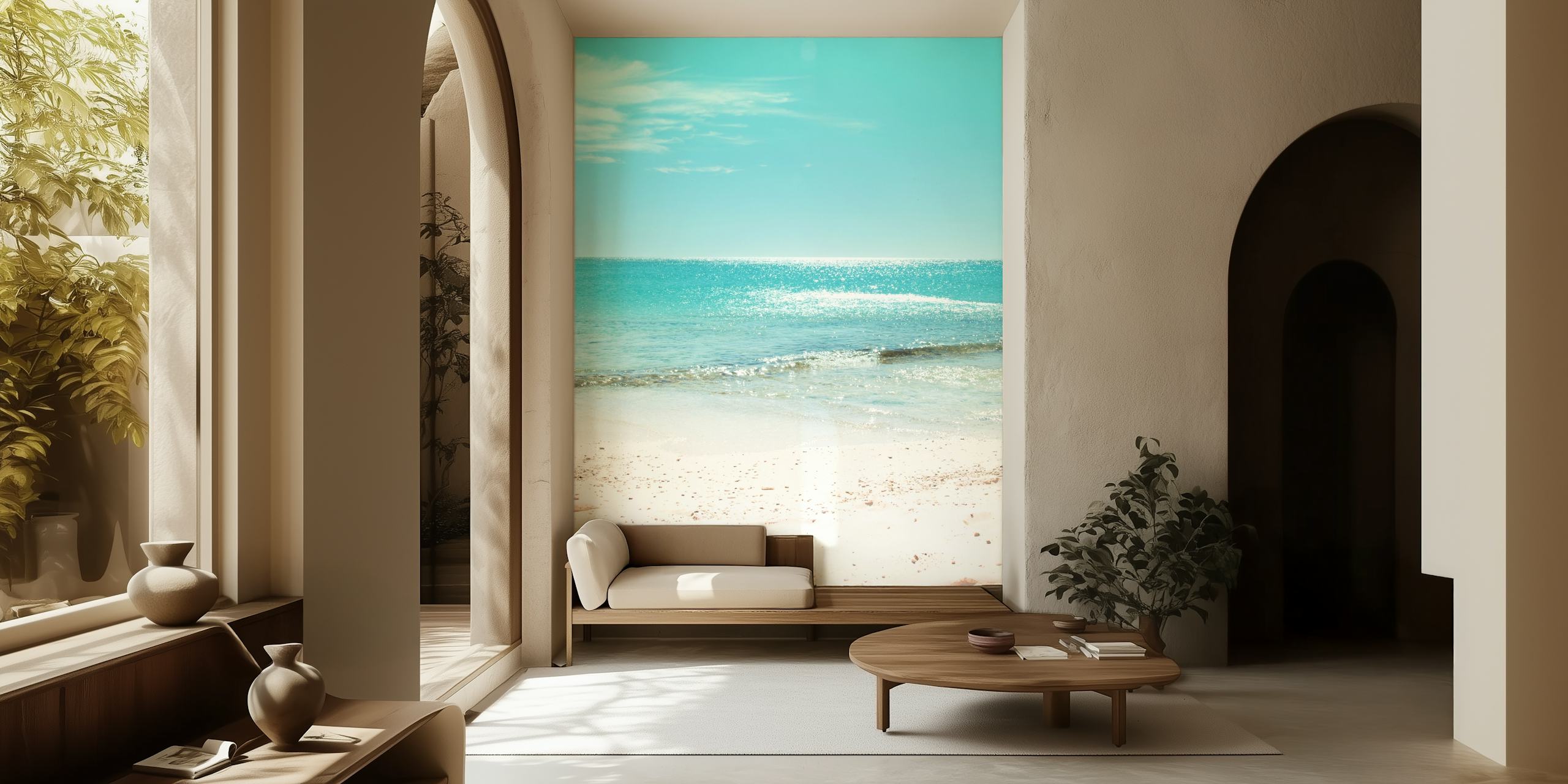 Tropical ocean beach with aqua water and sandy shore wallpaper