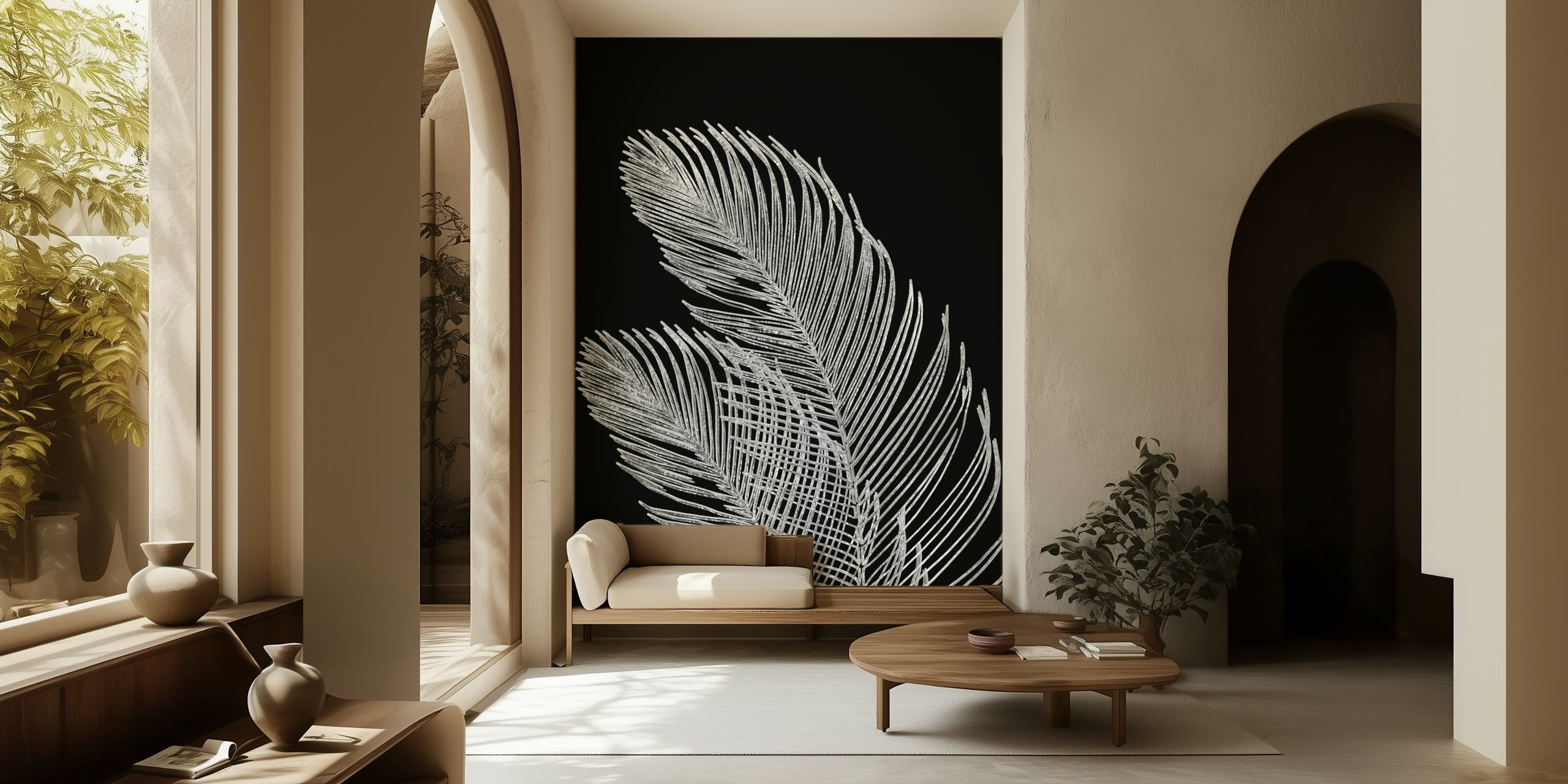 Palm leaf line art wall mural against black background