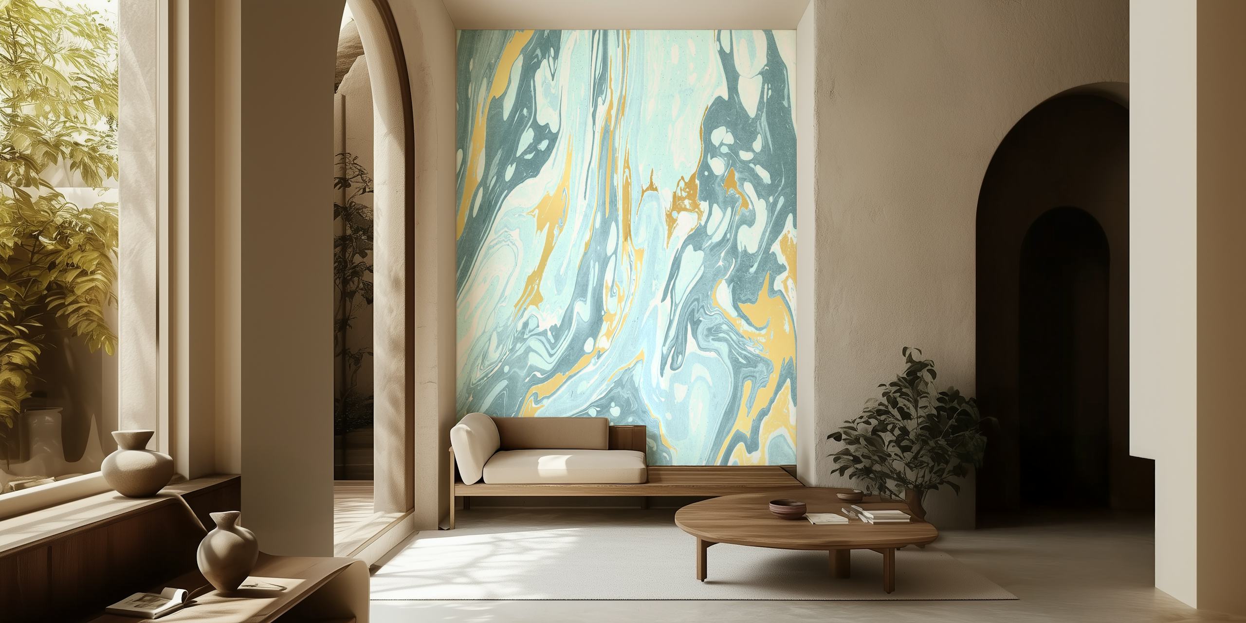 Blue and gold marble swirl pattern wallpaper