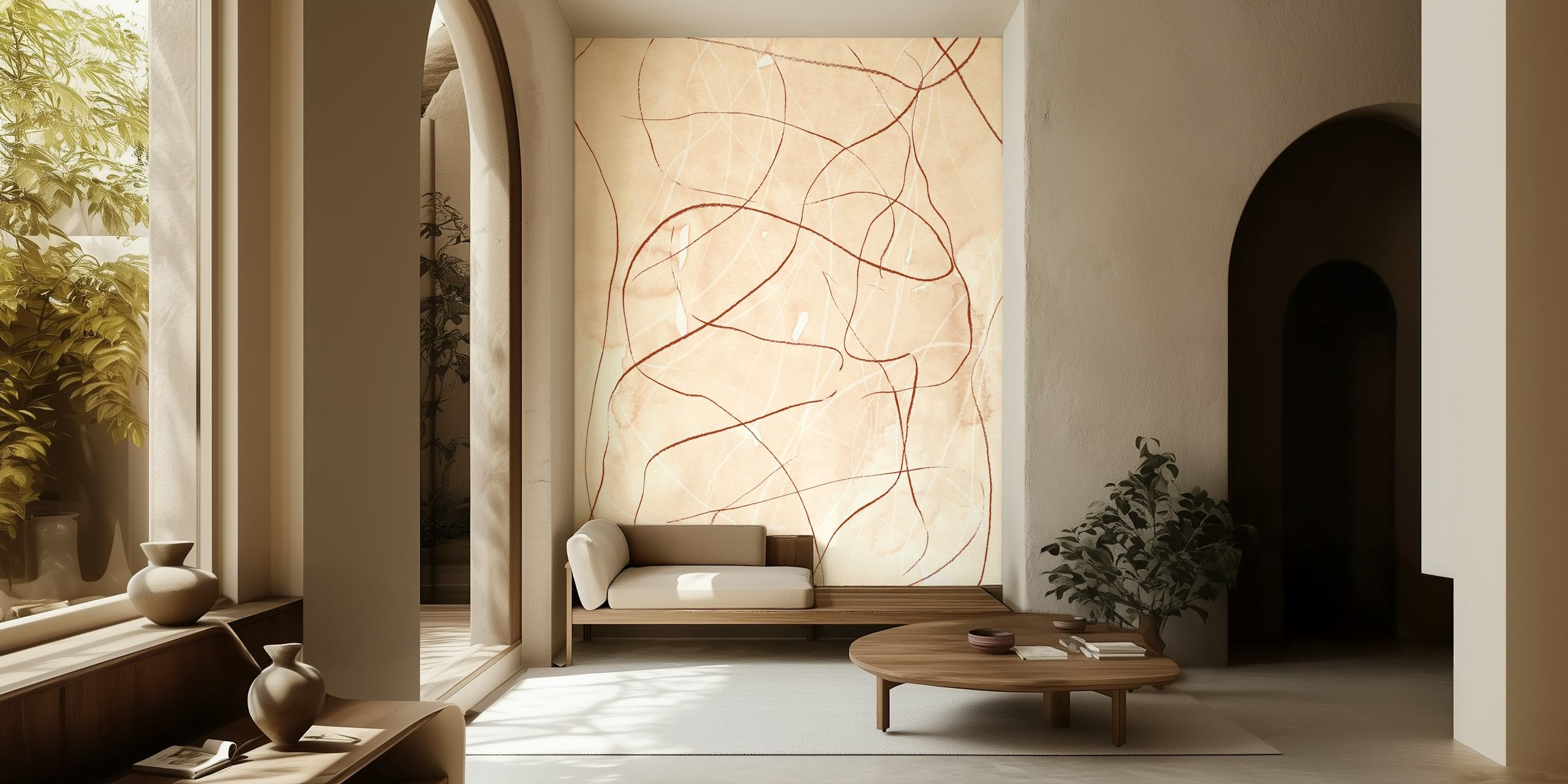 Abstract terracotta scribble design on beige wallpaper