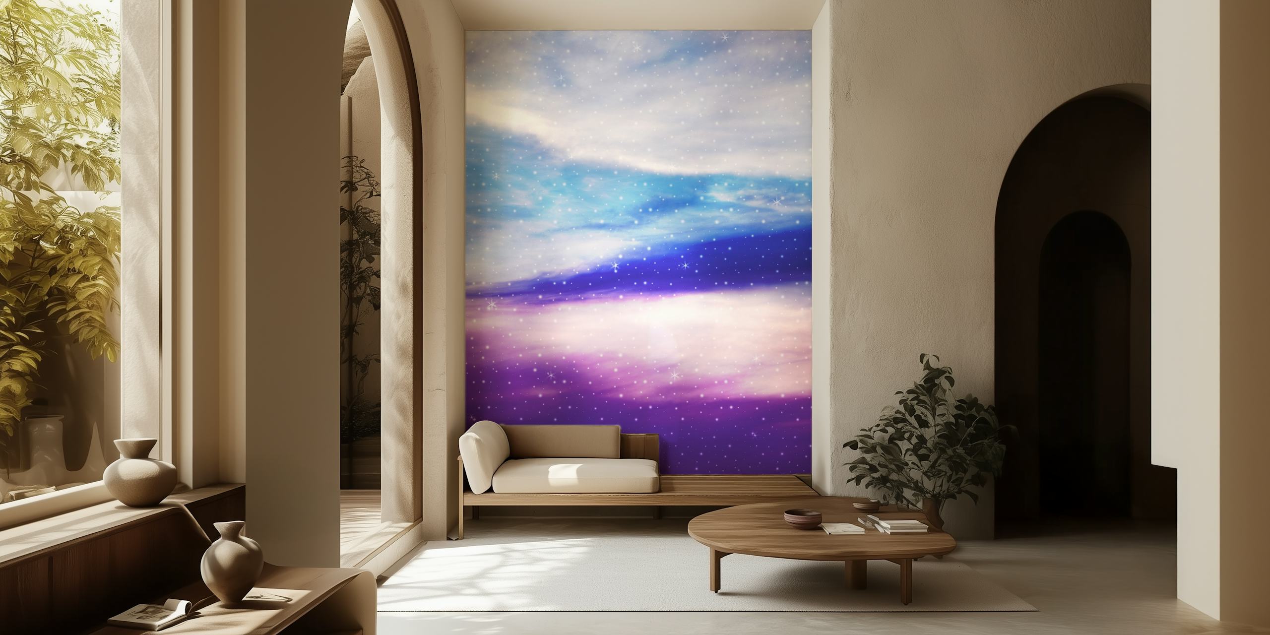 Purple and blue celestial design with stars wallpaper