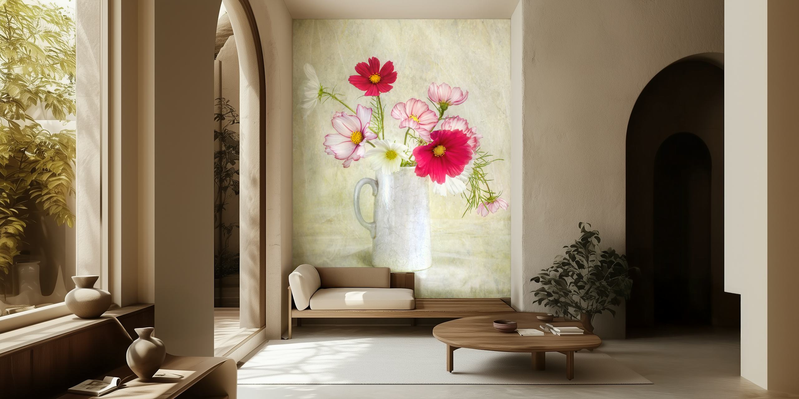 Pink and white cosmos flowers in a vase wallpaper