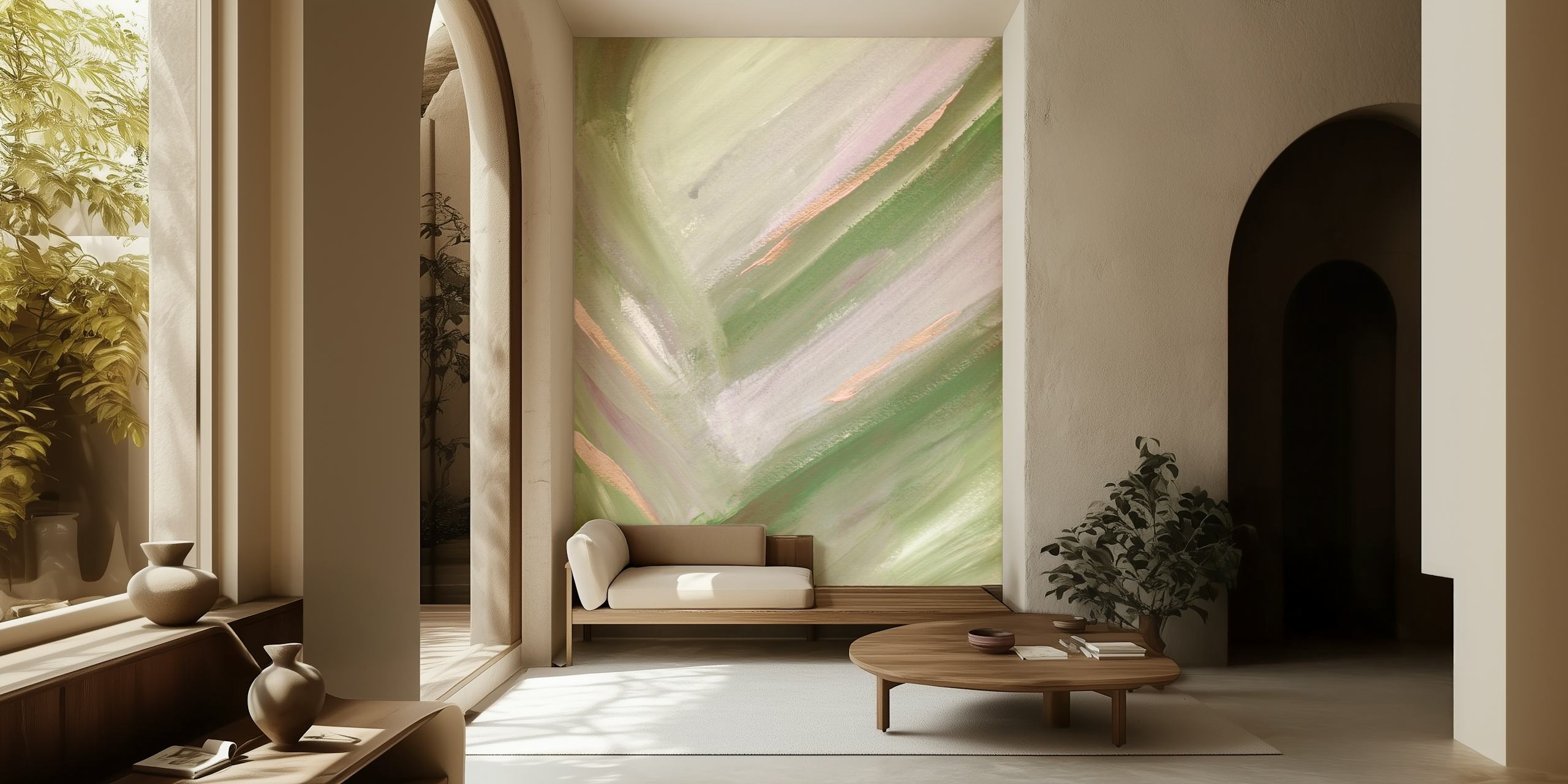 Abstract brush strokes in green and pink colors wallpaper