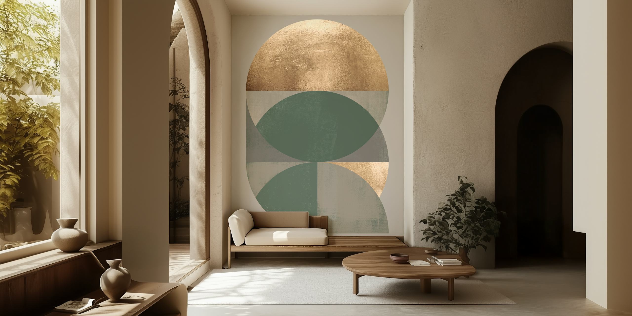 Geometric shapes in green, gray, and gold wallpaper