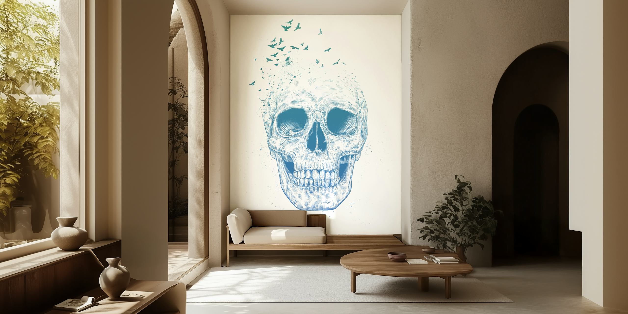 Skull illustration with blue gradient and birds wallpaper