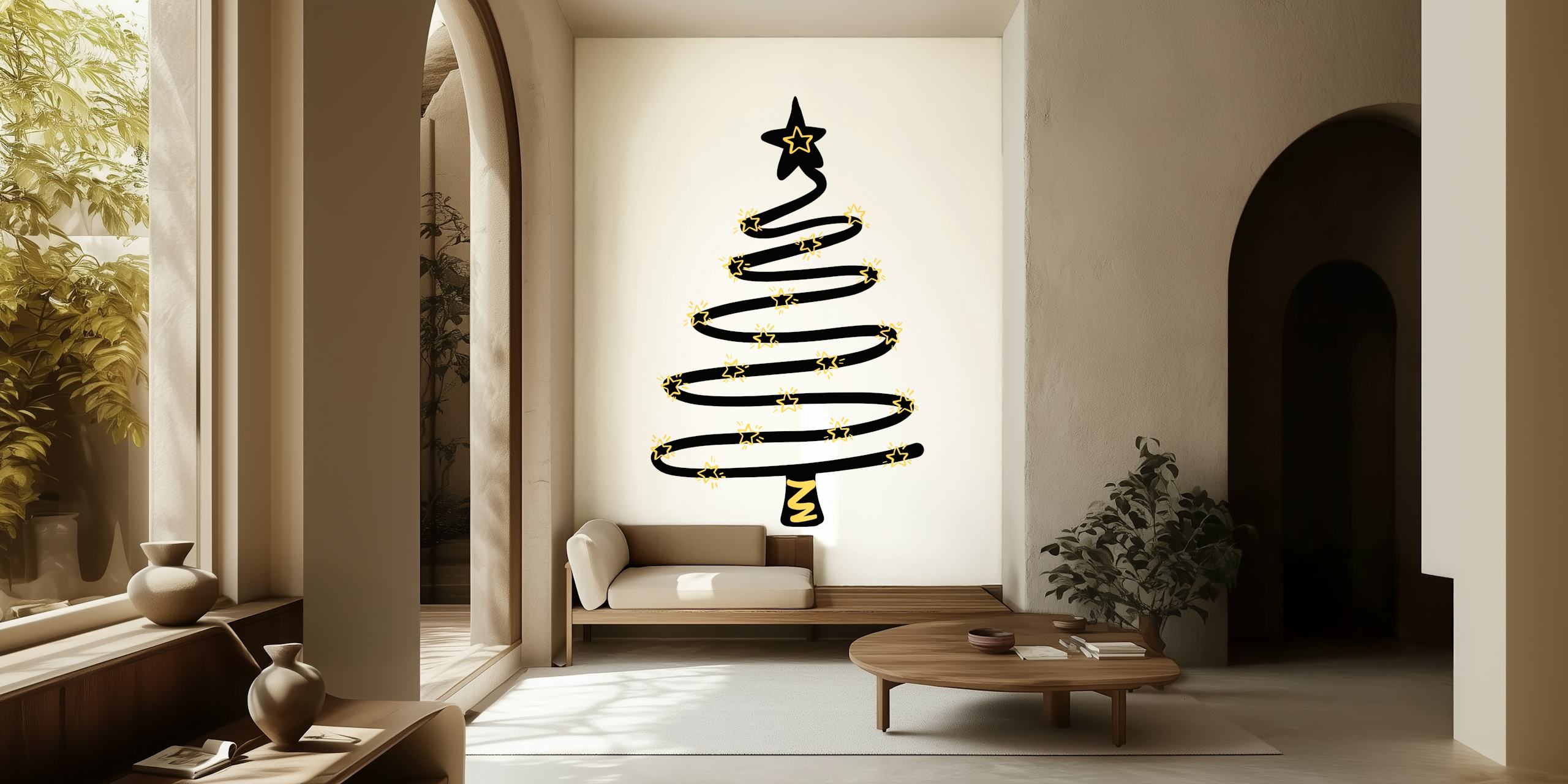 Fotomural vinílico abstrato minimalista de árvore de Natal com detalhes dourados e uma estrela