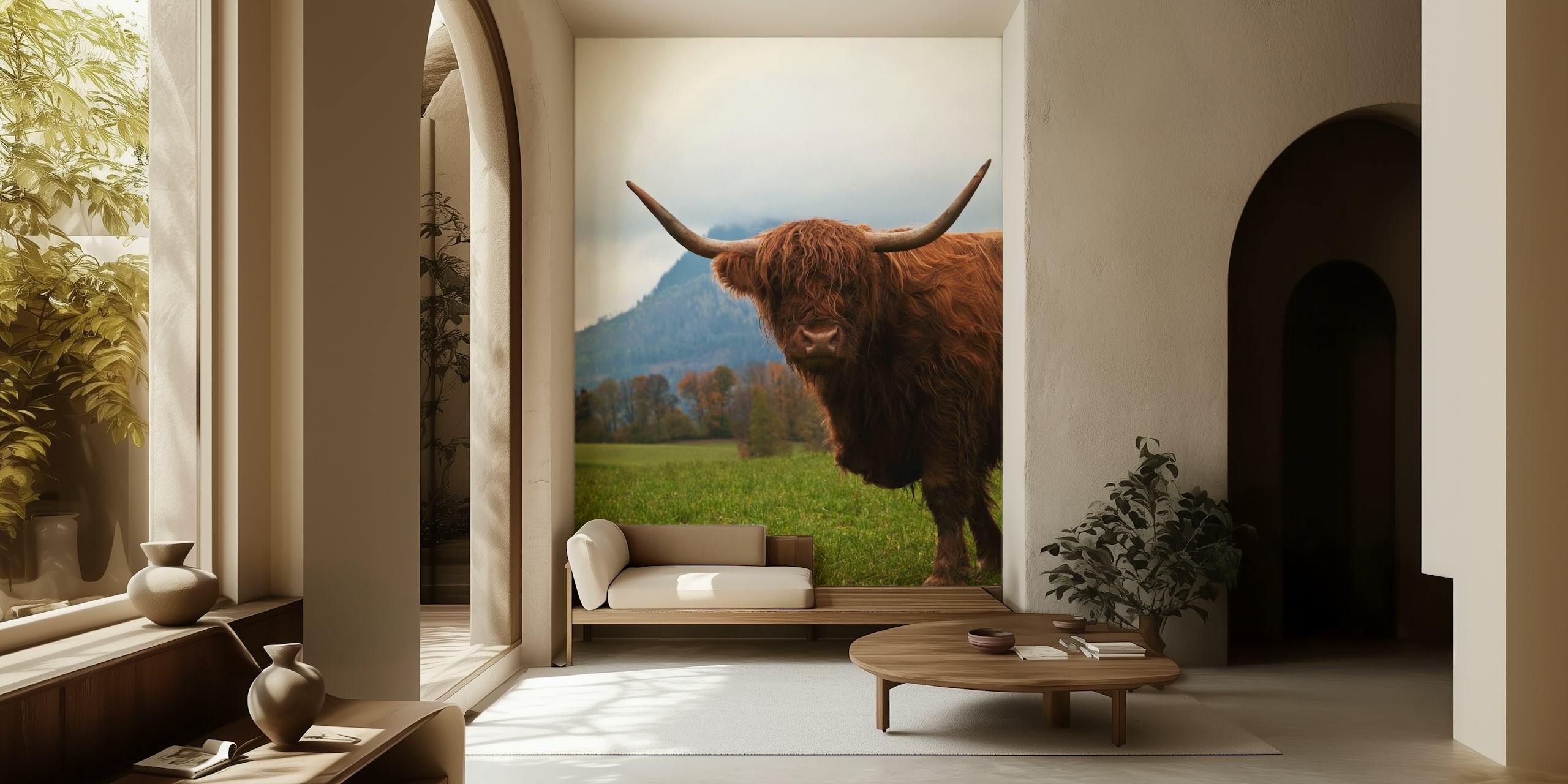 Tapeta Highland Cow v obývacím pokoji