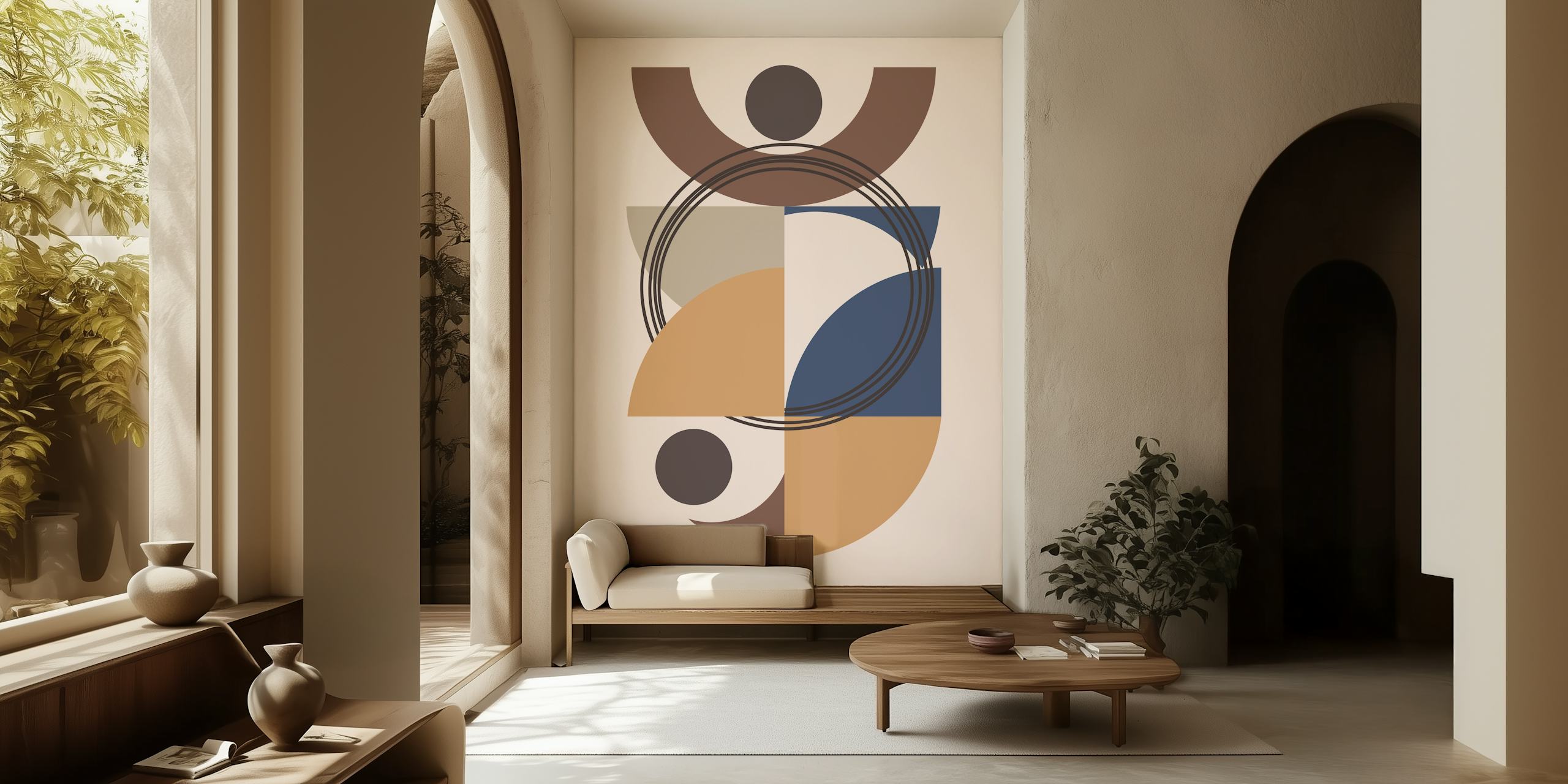 Abstract geometric wall mural with a blend of cream, brown, and navy blue shapes