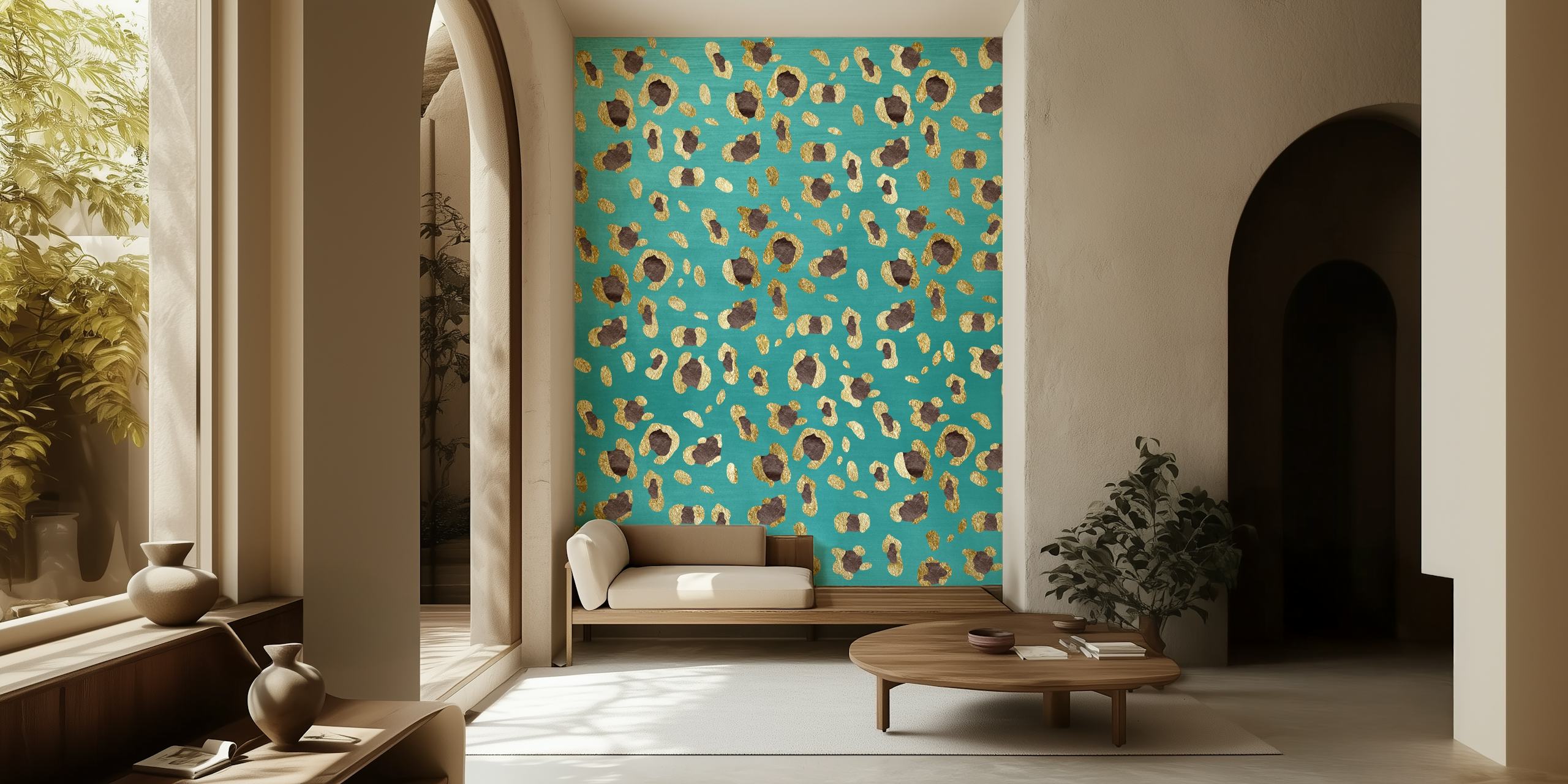 Teal and leopard print wall mural named Leopard Animal Print Glam 28