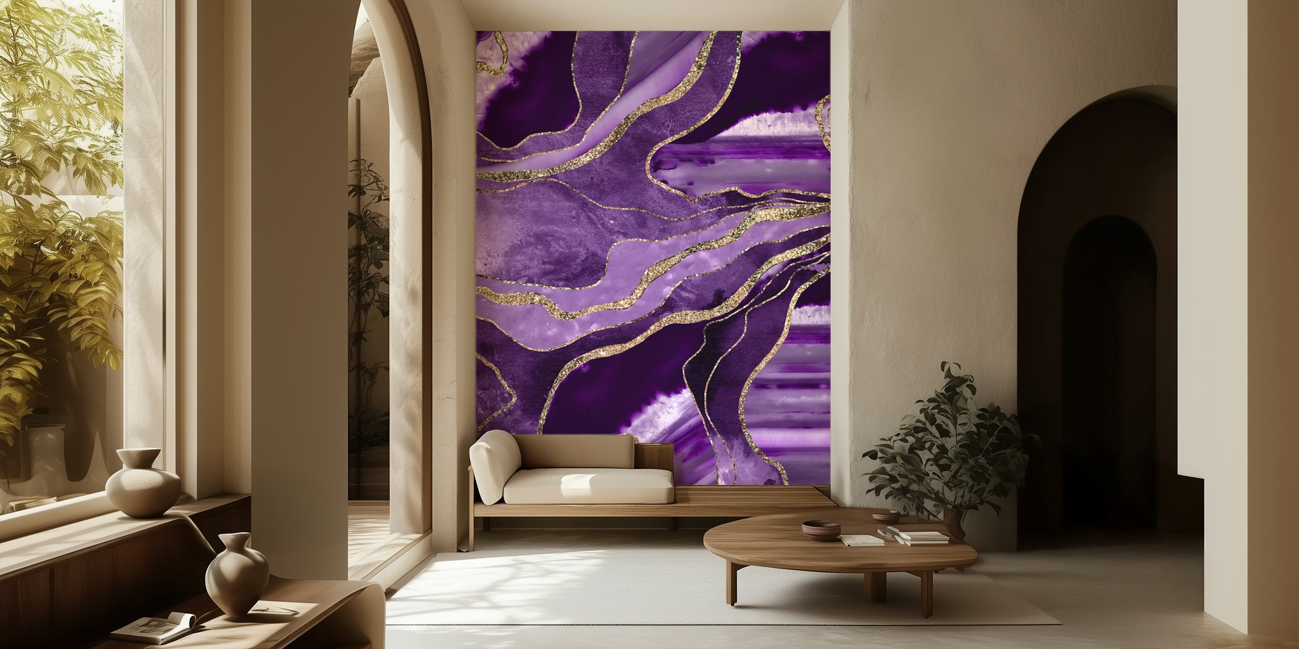 Purple swirling marble with gold accents wallpaper