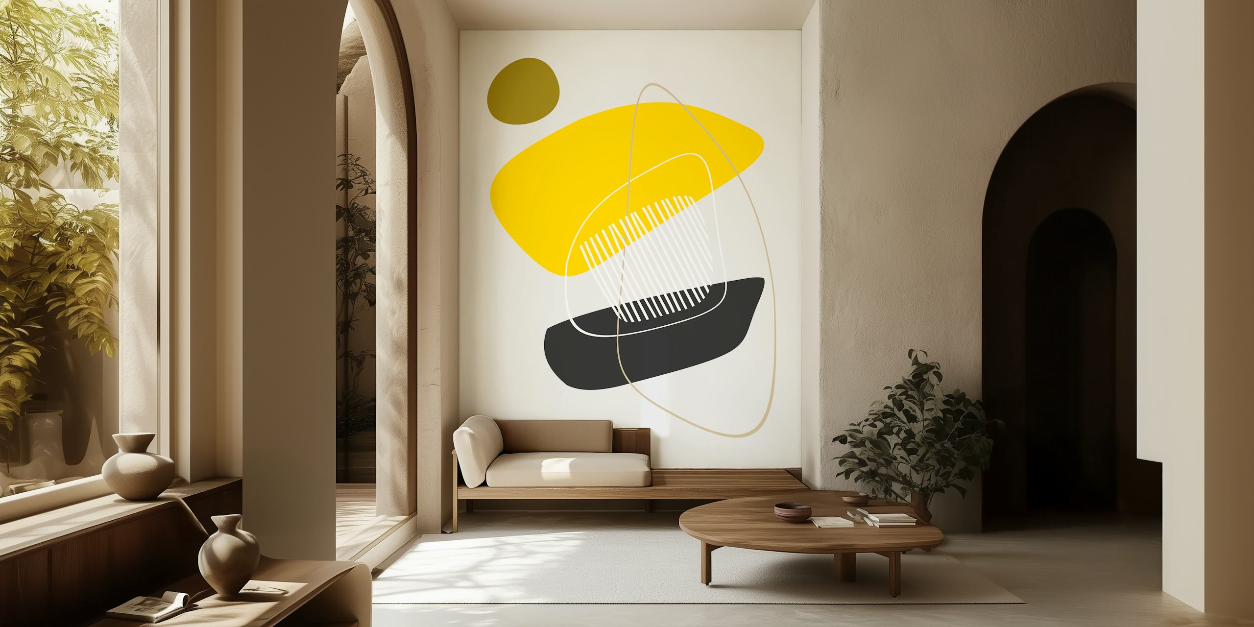 Modern abstract wall mural in yellow, black, and gray with geometric shapes and lines.