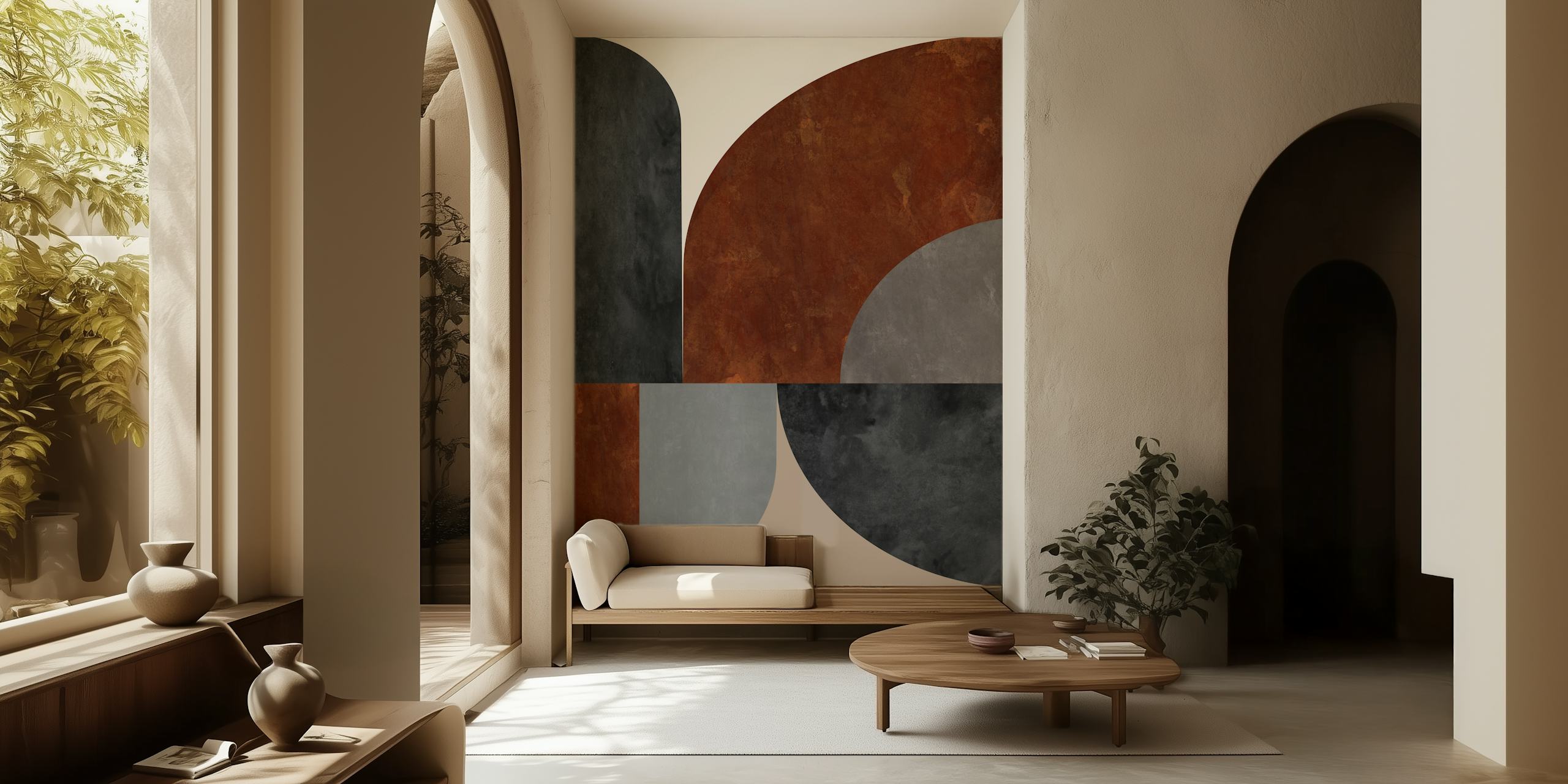 Abstract Composition 1150 wall mural with geometric shapes in earth tones