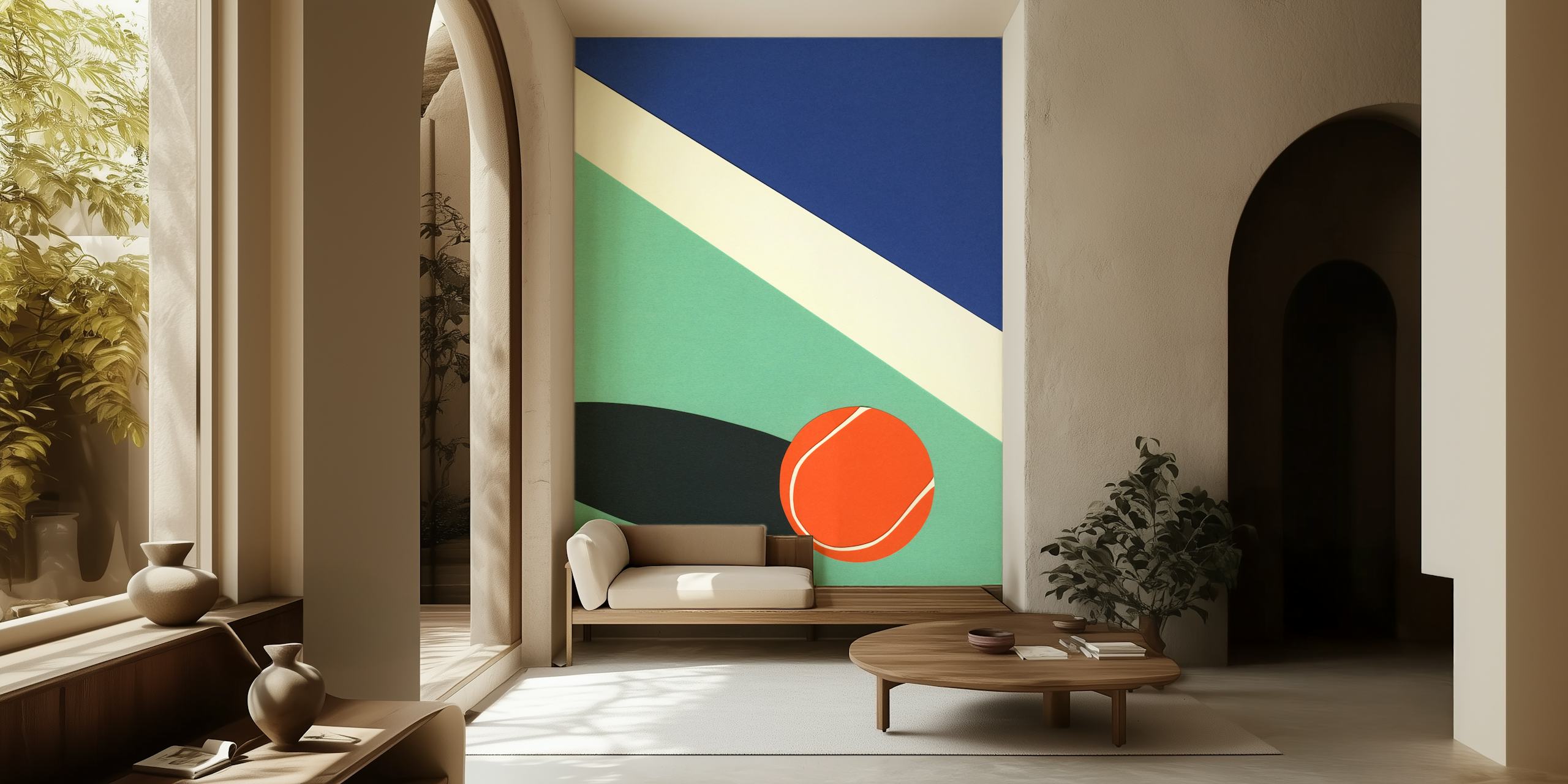 Mural de cancha de tenis geométrico abstracto con colores verde, azul y naranja brillantes