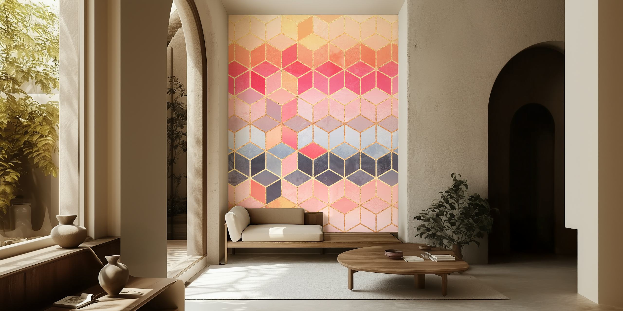 Happy Cubes veggmaleri med geometrisk kubemønster i rosa, blå og gule nyanser