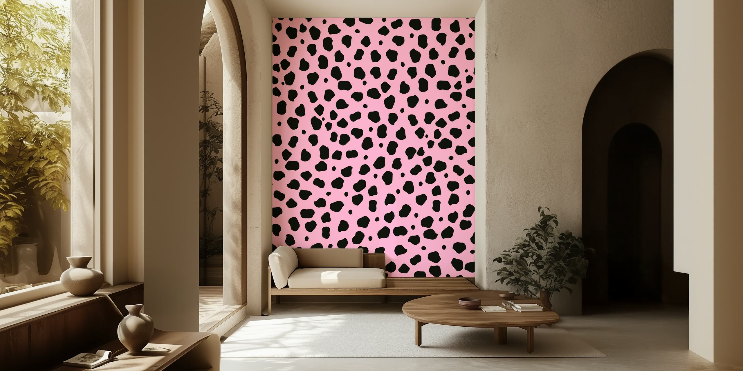 Cheetah animal print in black spots on pink background wallpaper